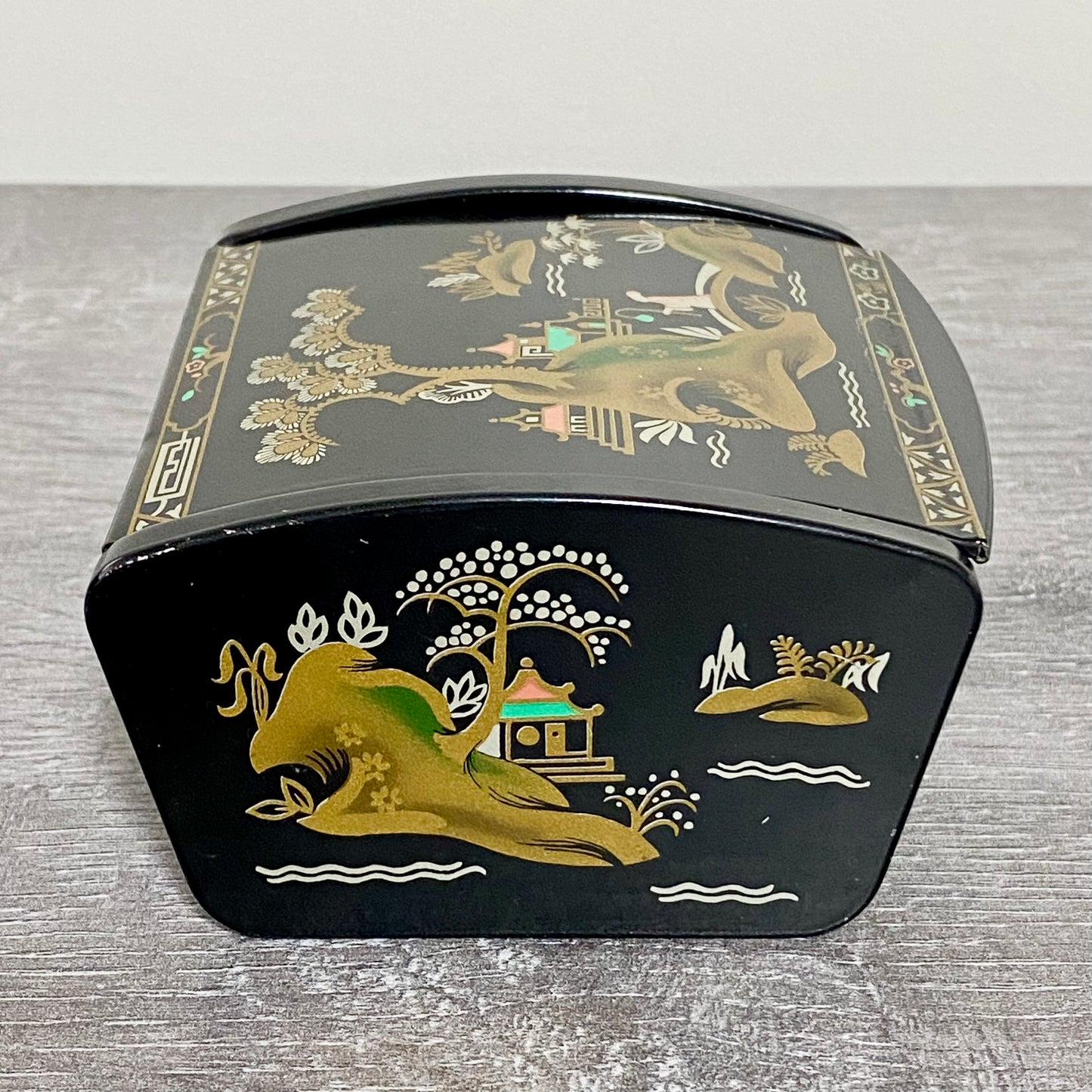 Vintage Japanese Black Lacquer Metal Hand-Painted Trinket Glove Jewellery Box