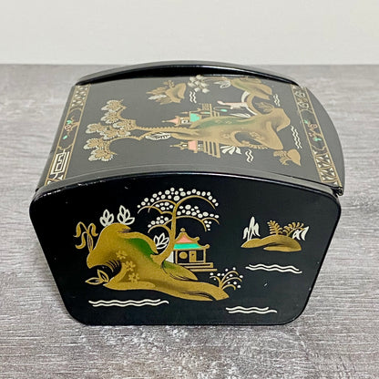 Vintage Japanese Black Lacquer Metal Hand-Painted Trinket Glove Jewellery Box