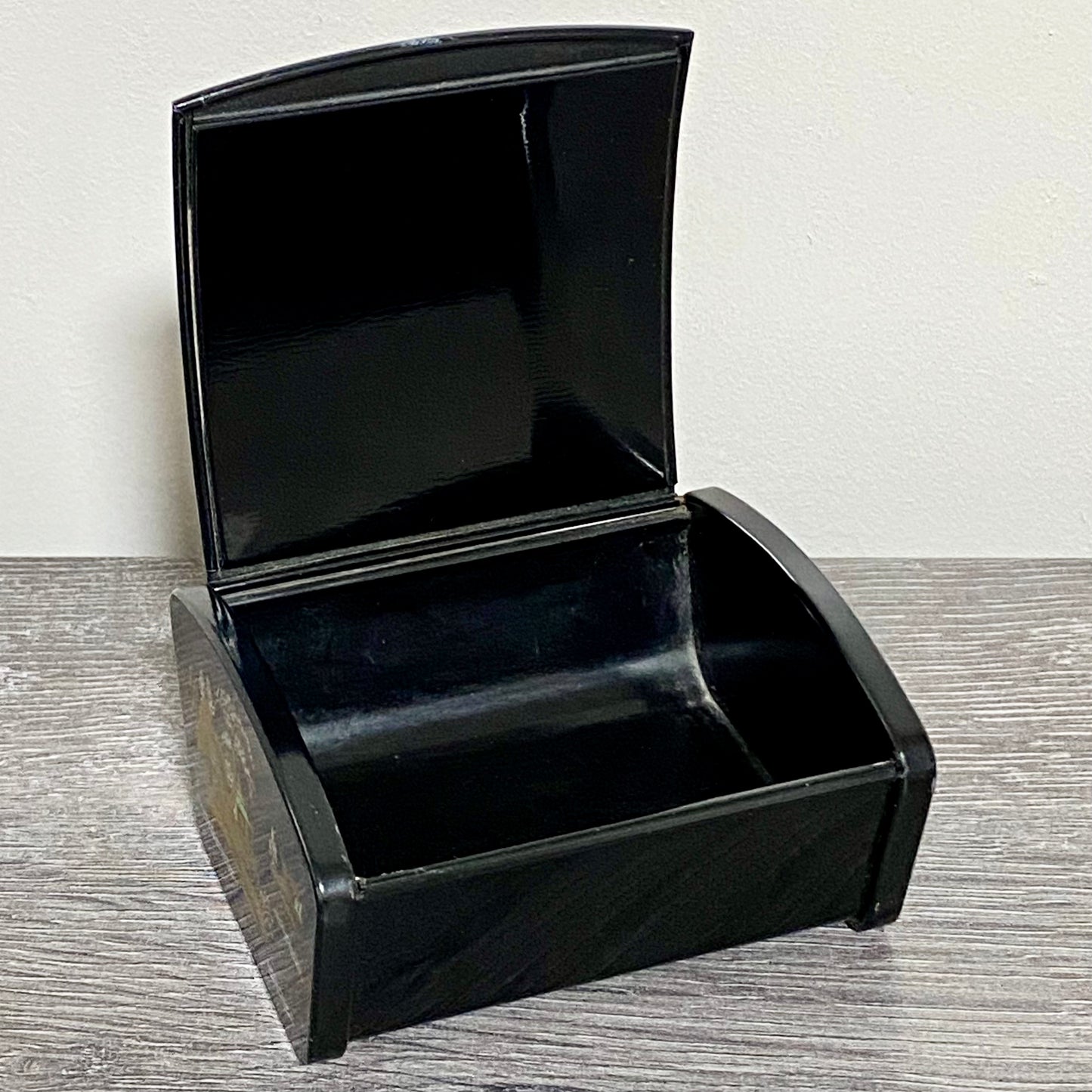 Vintage Japanese Black Lacquer Metal Hand-Painted Trinket Glove Jewellery Box