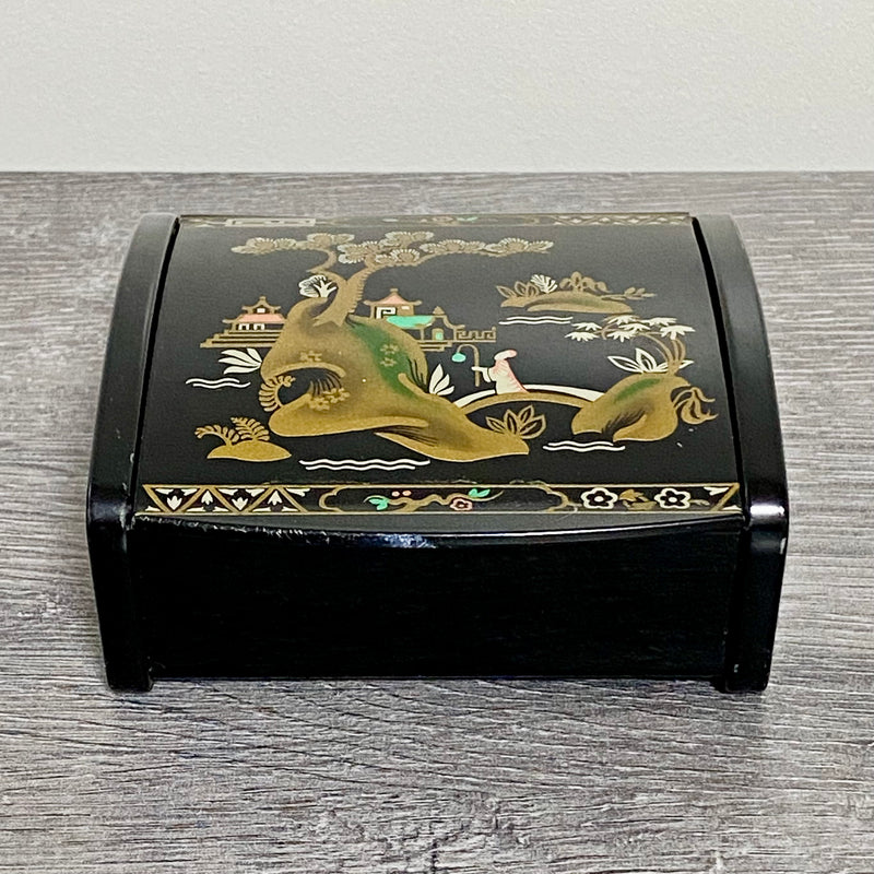 Vintage Japanese Black Lacquer Metal Hand-Painted Trinket Glove Jewellery Box