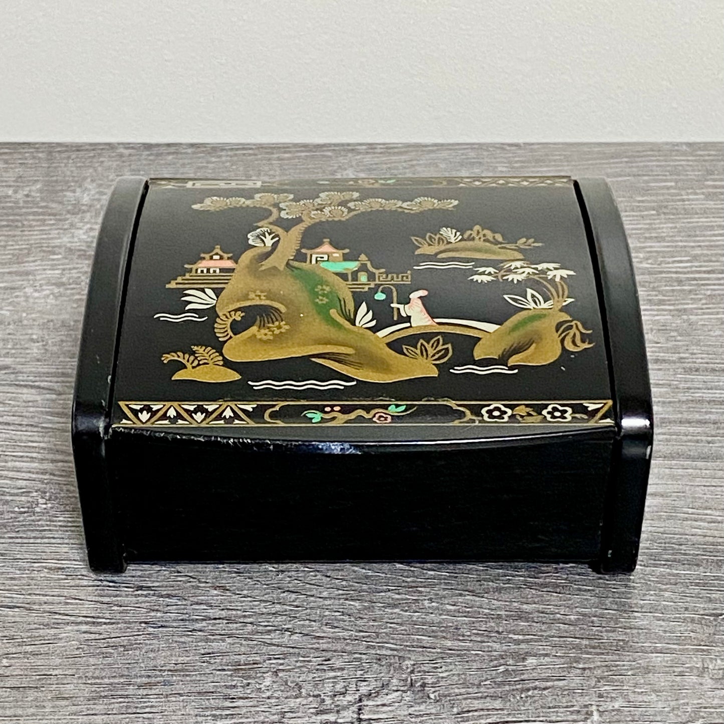 Vintage Japanese Black Lacquer Metal Hand-Painted Trinket Glove Jewellery Box