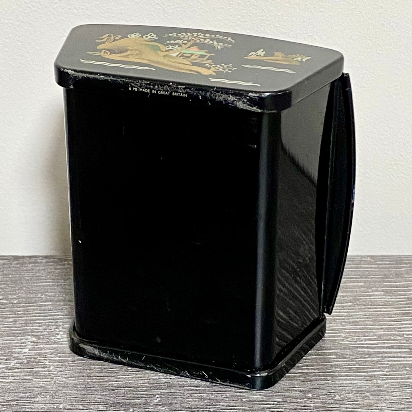 Vintage Japanese Black Lacquer Metal Hand-Painted Trinket Glove Jewellery Box