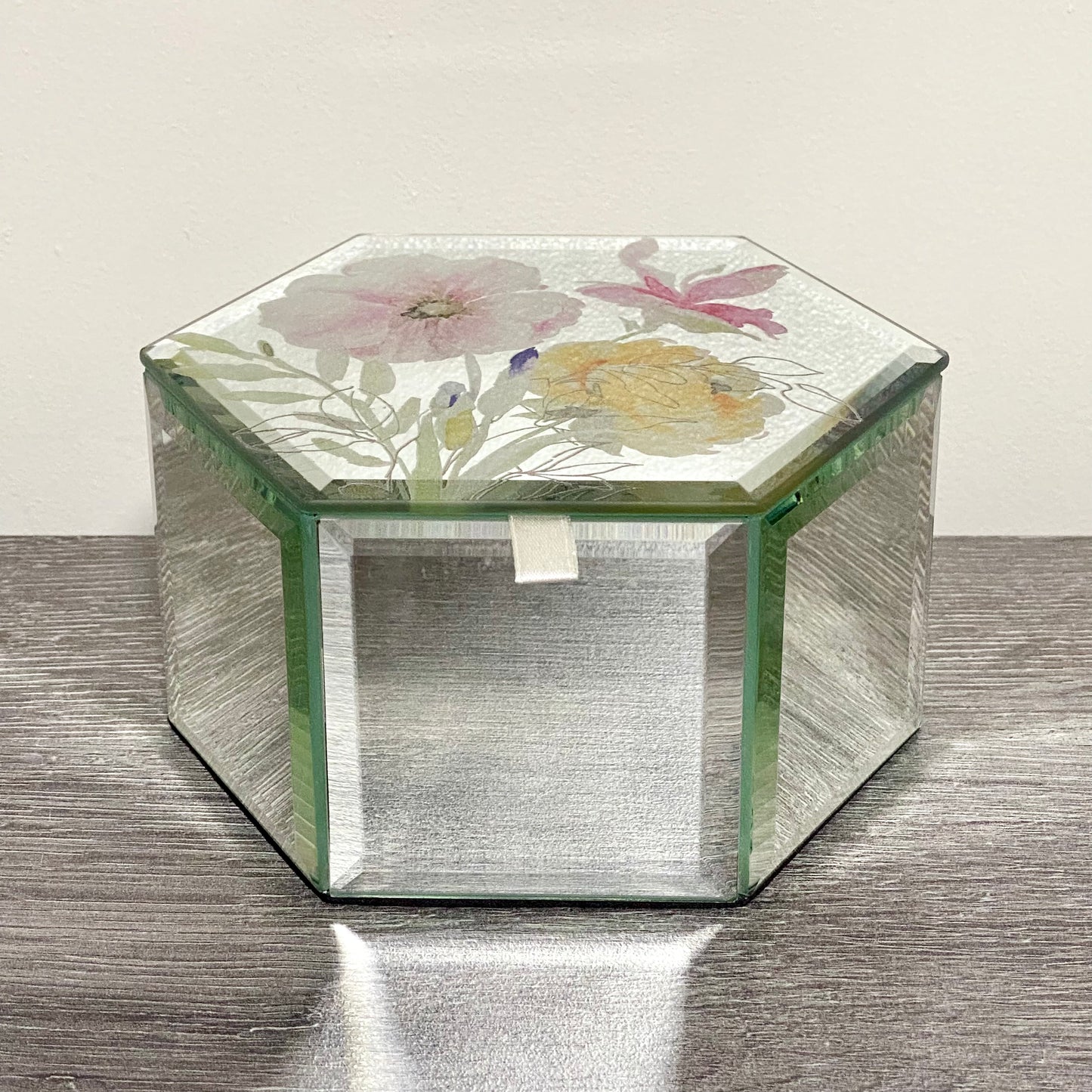 Laura Ashley Flower Floral Design Hexagonal Mirrored Jewellery Trinket Box