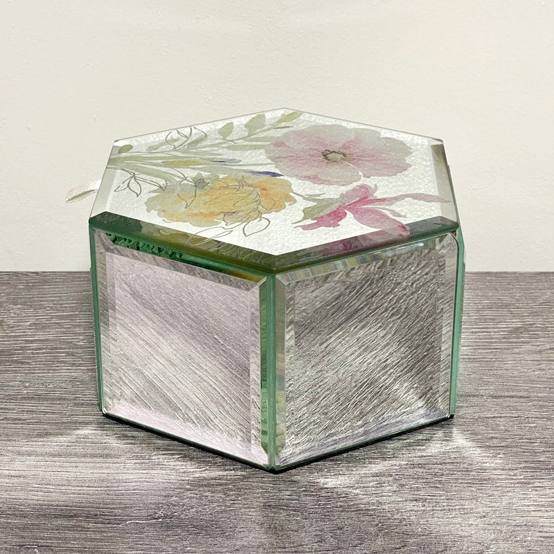 Laura Ashley Flower Floral Design Hexagonal Mirrored Jewellery Trinket Box