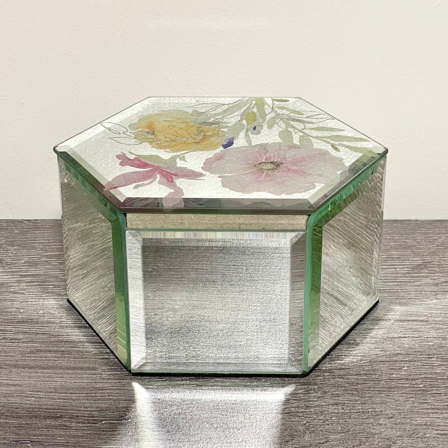 Laura Ashley Flower Floral Design Hexagonal Mirrored Jewellery Trinket Box