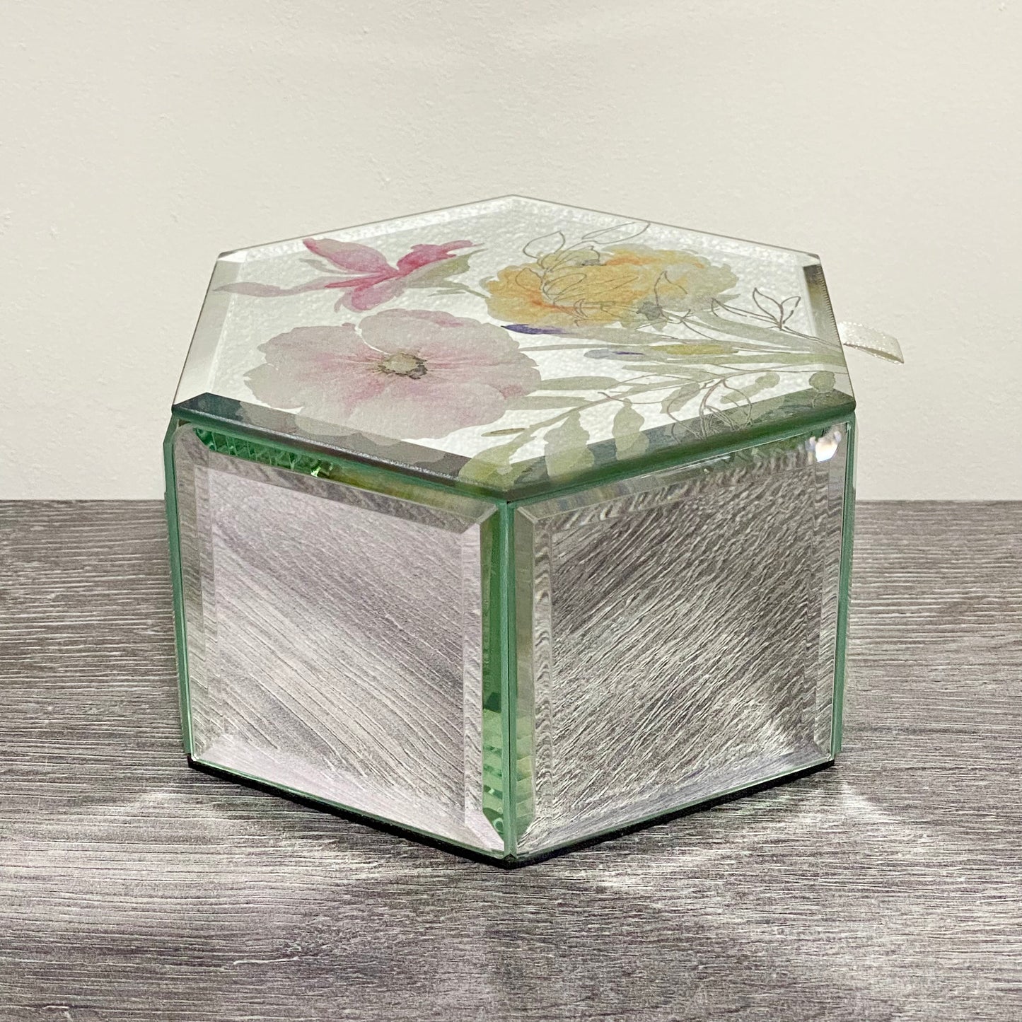 Laura Ashley Flower Floral Design Hexagonal Mirrored Jewellery Trinket Box