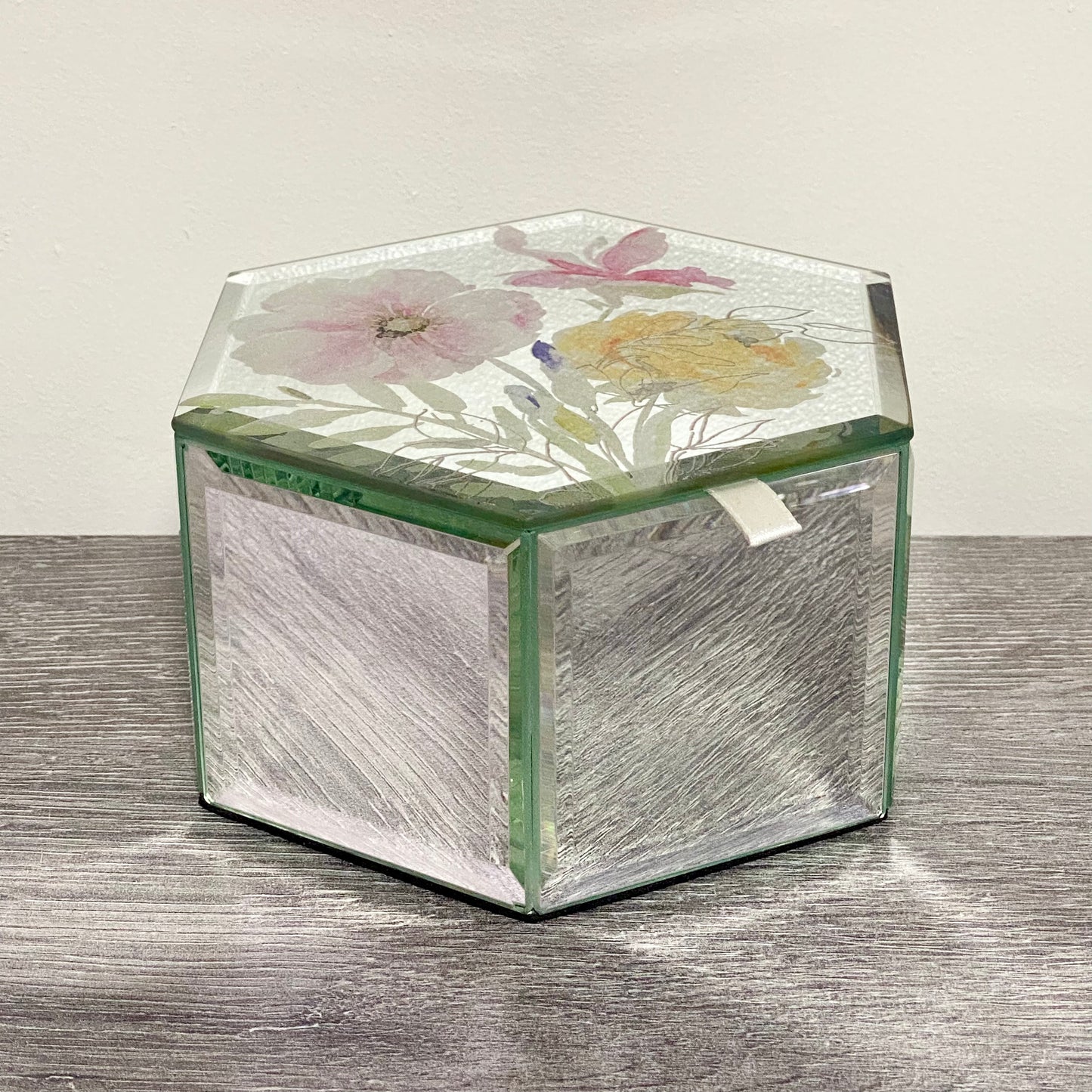 Laura Ashley Flower Floral Design Hexagonal Mirrored Jewellery Trinket Box