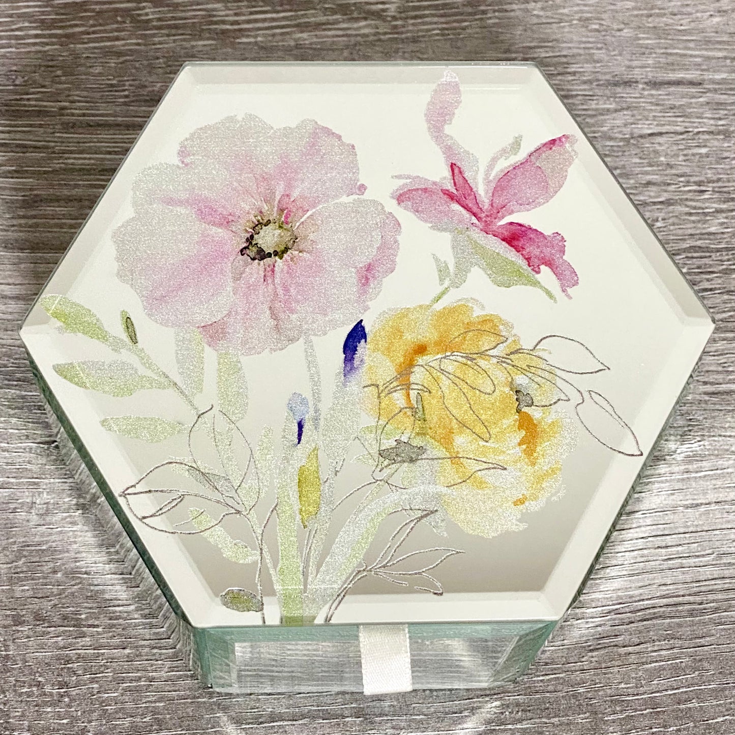 Laura Ashley Flower Floral Design Hexagonal Mirrored Jewellery Trinket Box