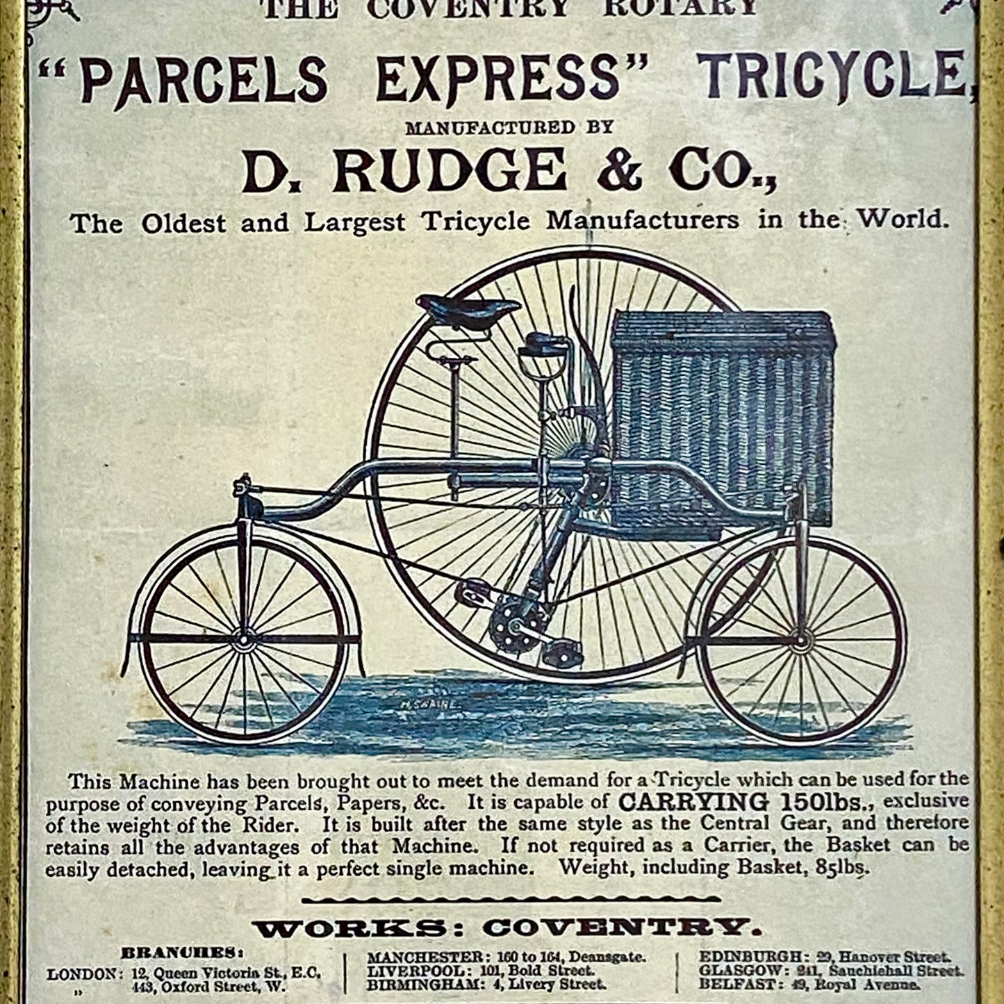 Vintage Coventry Rotary Tricycle Parcels Express Advert By D Rudge & Co Framed