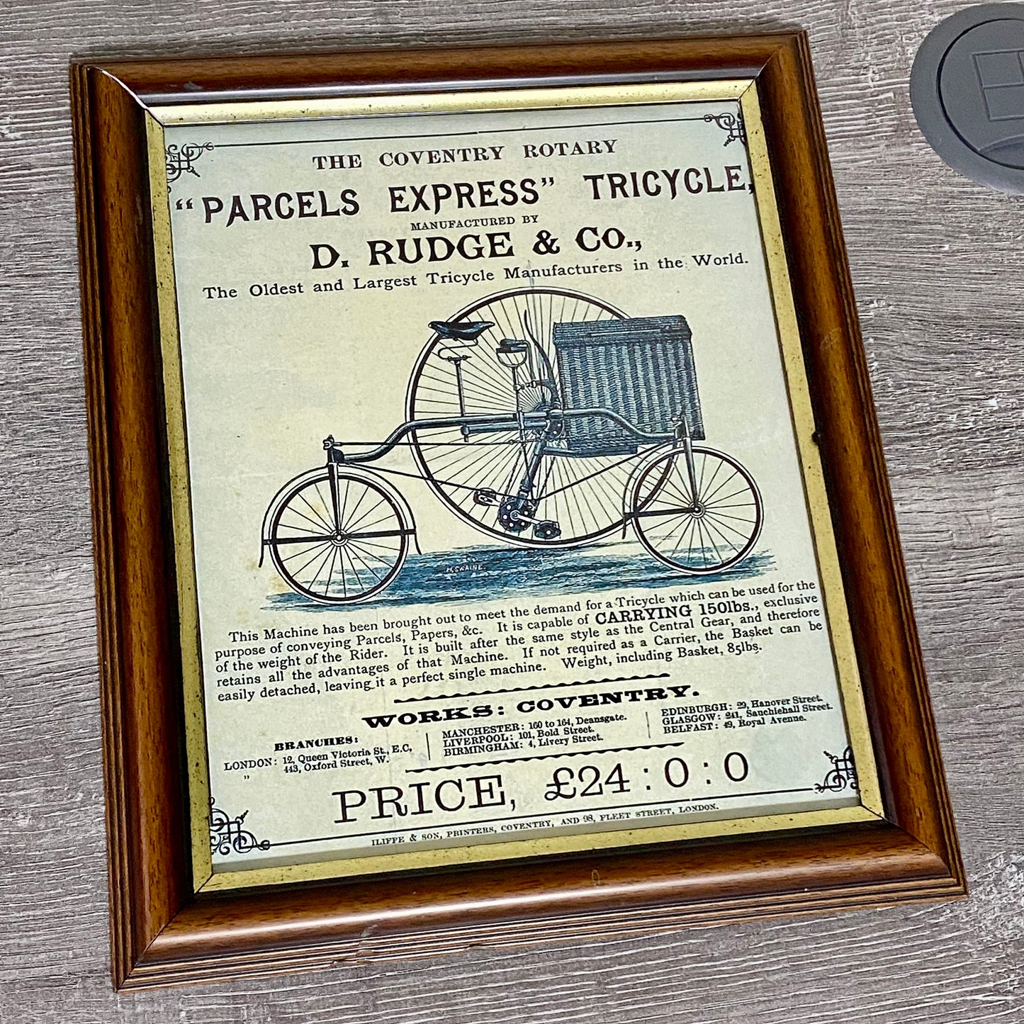 Vintage Coventry Rotary Tricycle Parcels Express Advert By D Rudge & Co Framed