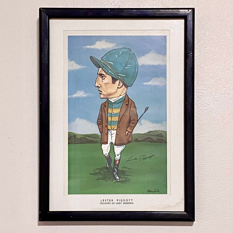 Vintage Lester Piggott Famous Jockey Caricature Art Print Signed Framed & Glazed