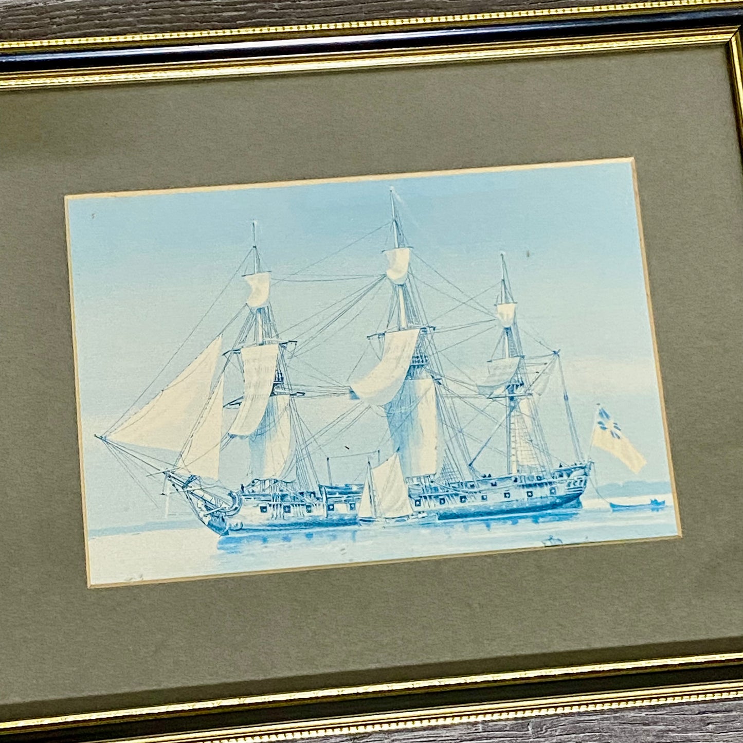 Vintage Royal Navy 42 Gun Frigate 1780 Art Print On Board Framed With Glazing