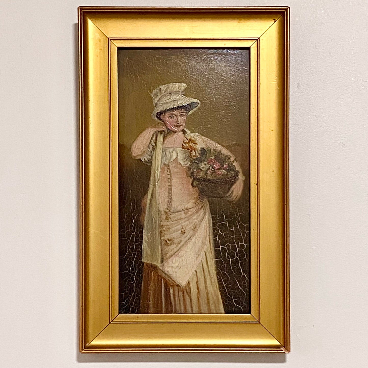 Antique Portrait Of Lady Holding Flowers Oil On Board Painting Victorian Framed