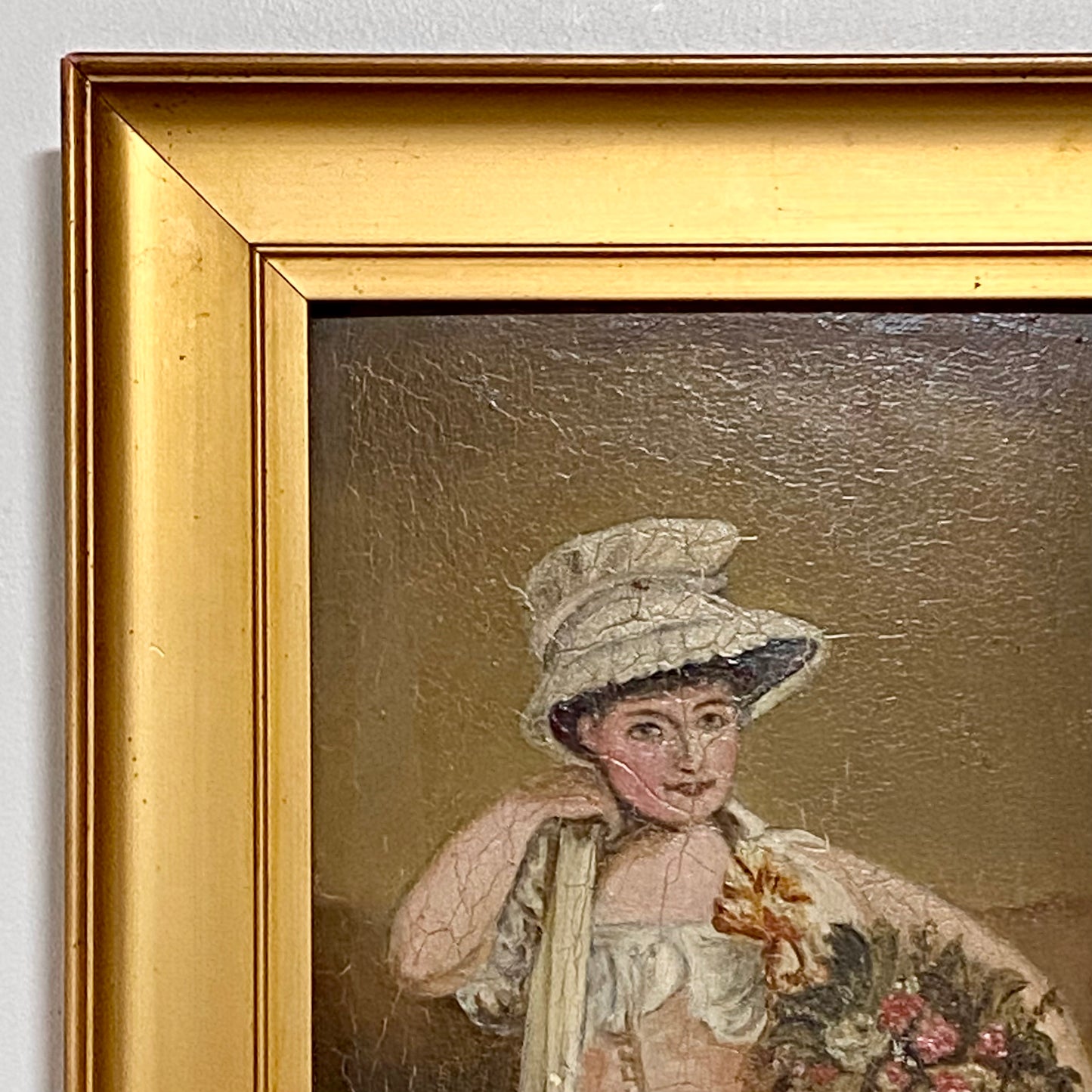 Antique Portrait Of Lady Holding Flowers Oil On Board Painting Victorian Framed