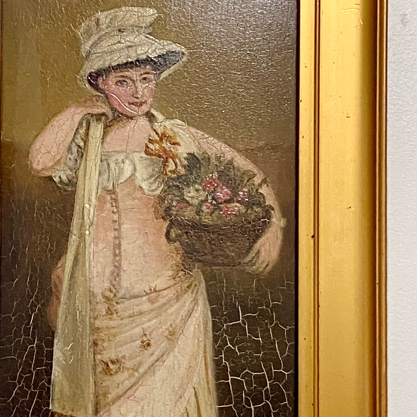 Antique Portrait Of Lady Holding Flowers Oil On Board Painting Victorian Framed