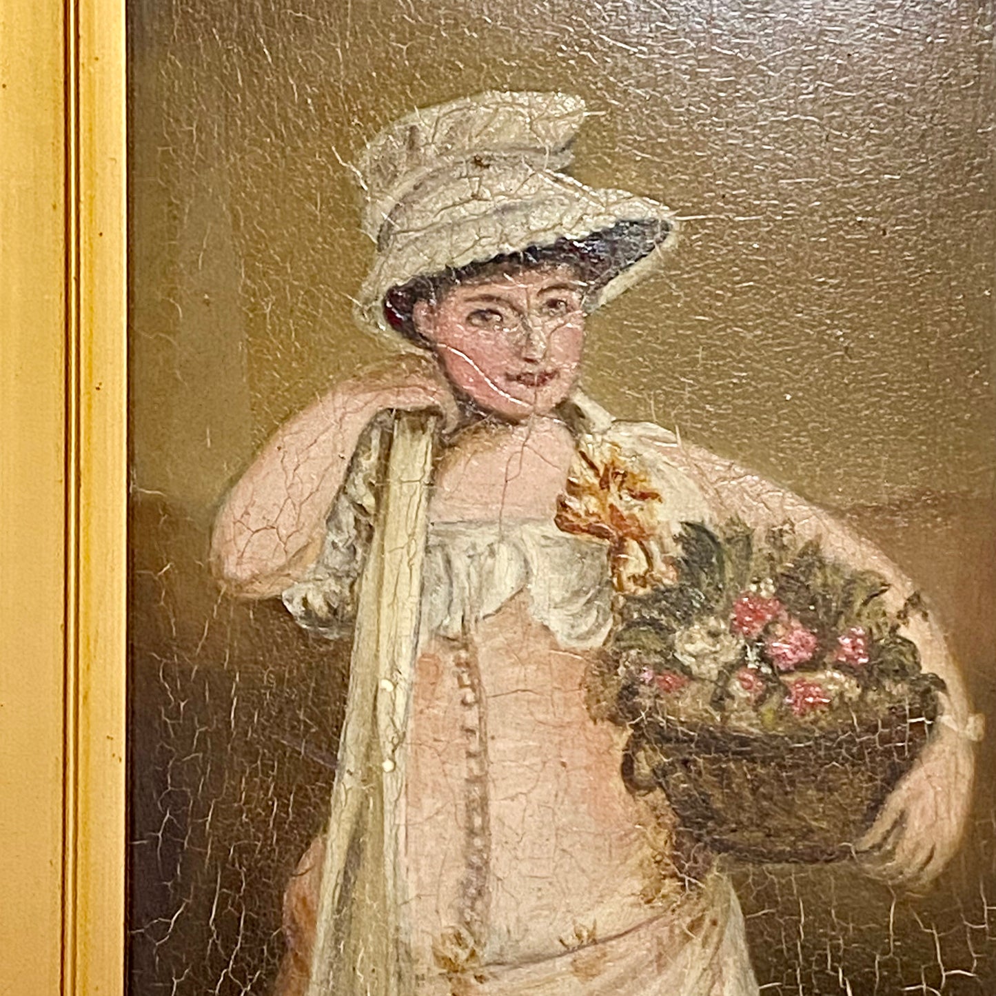 Antique Portrait Of Lady Holding Flowers Oil On Board Painting Victorian Framed