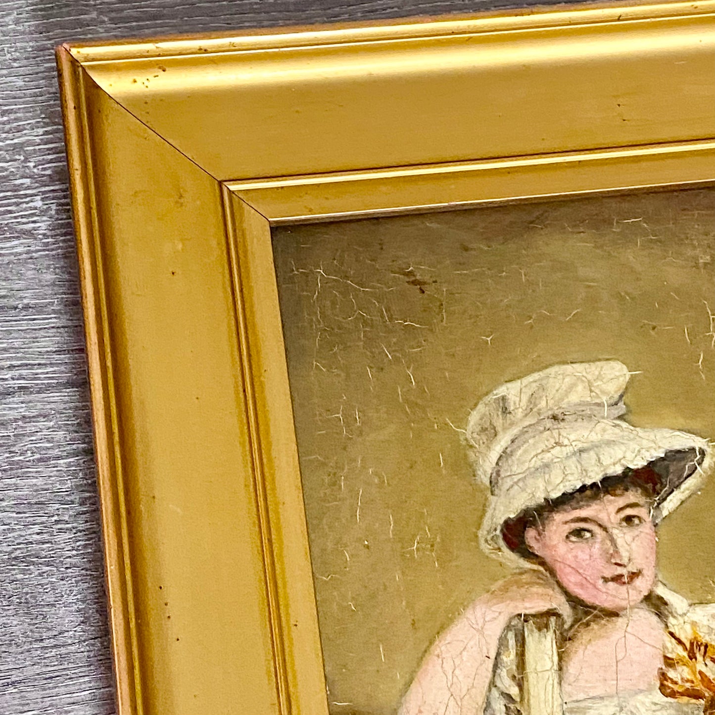 Antique Portrait Of Lady Holding Flowers Oil On Board Painting Victorian Framed