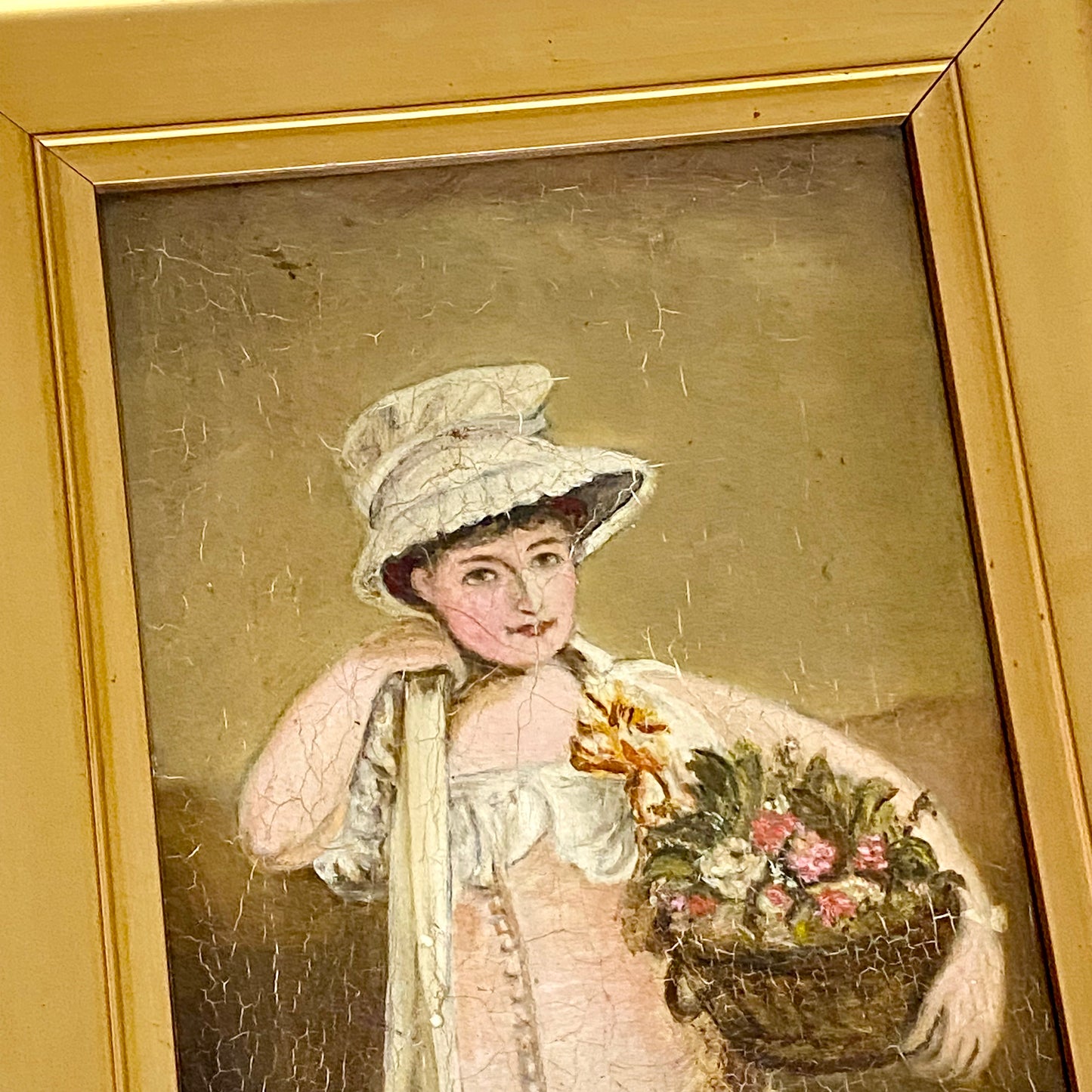 Antique Portrait Of Lady Holding Flowers Oil On Board Painting Victorian Framed