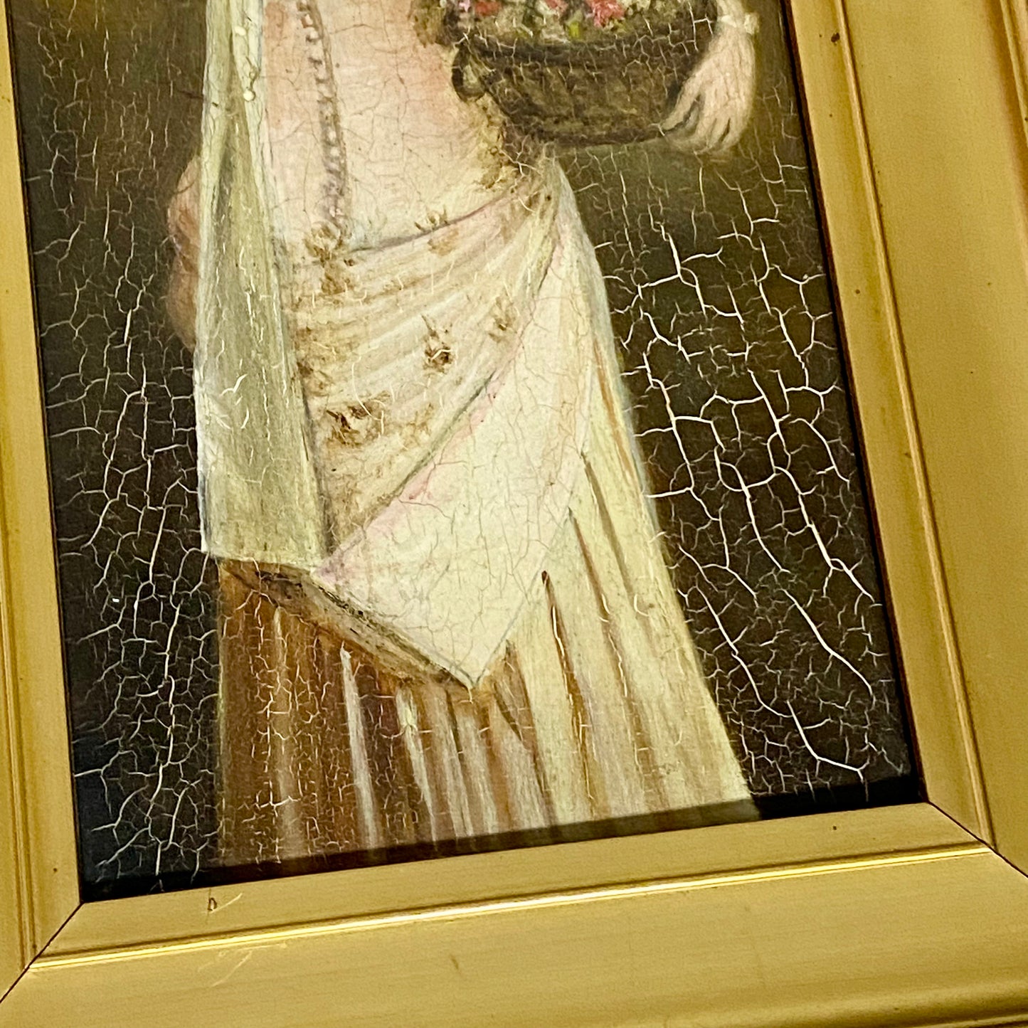 Antique Portrait Of Lady Holding Flowers Oil On Board Painting Victorian Framed