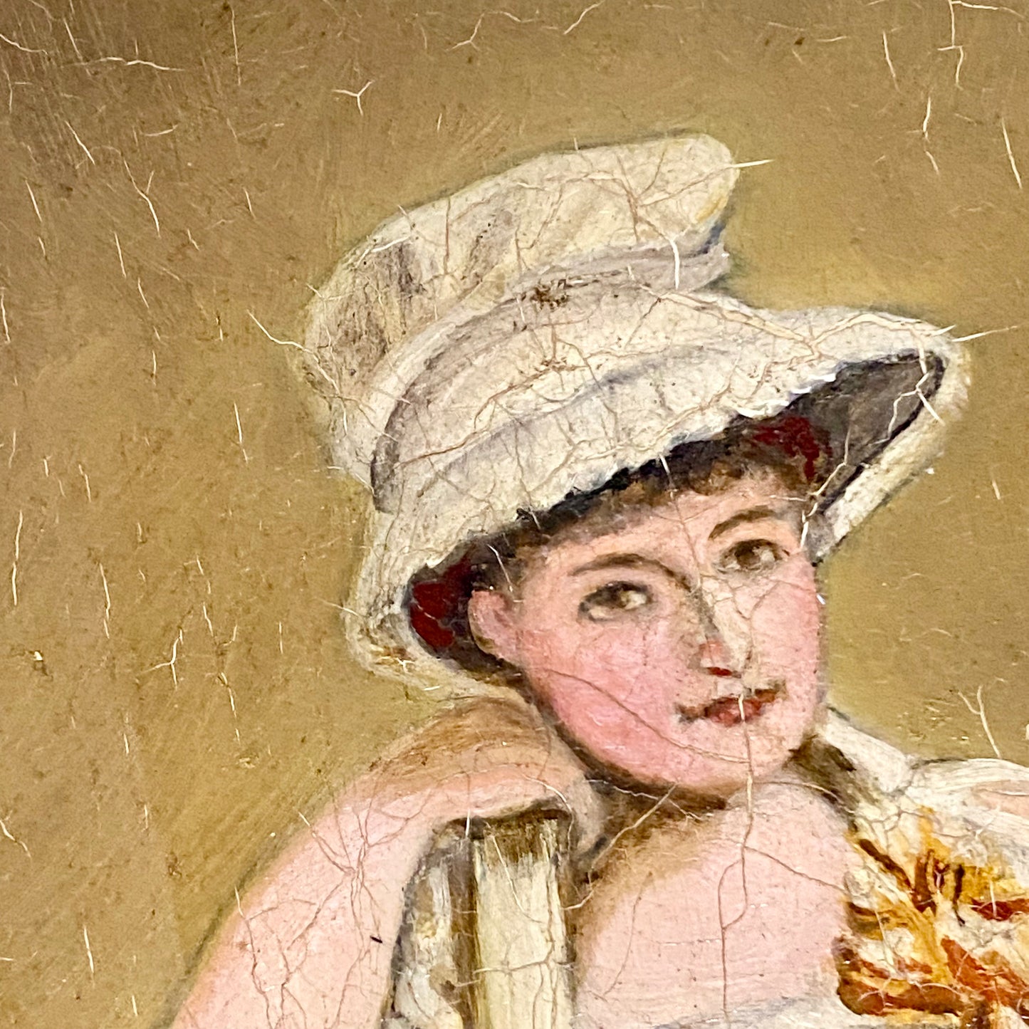 Antique Portrait Of Lady Holding Flowers Oil On Board Painting Victorian Framed