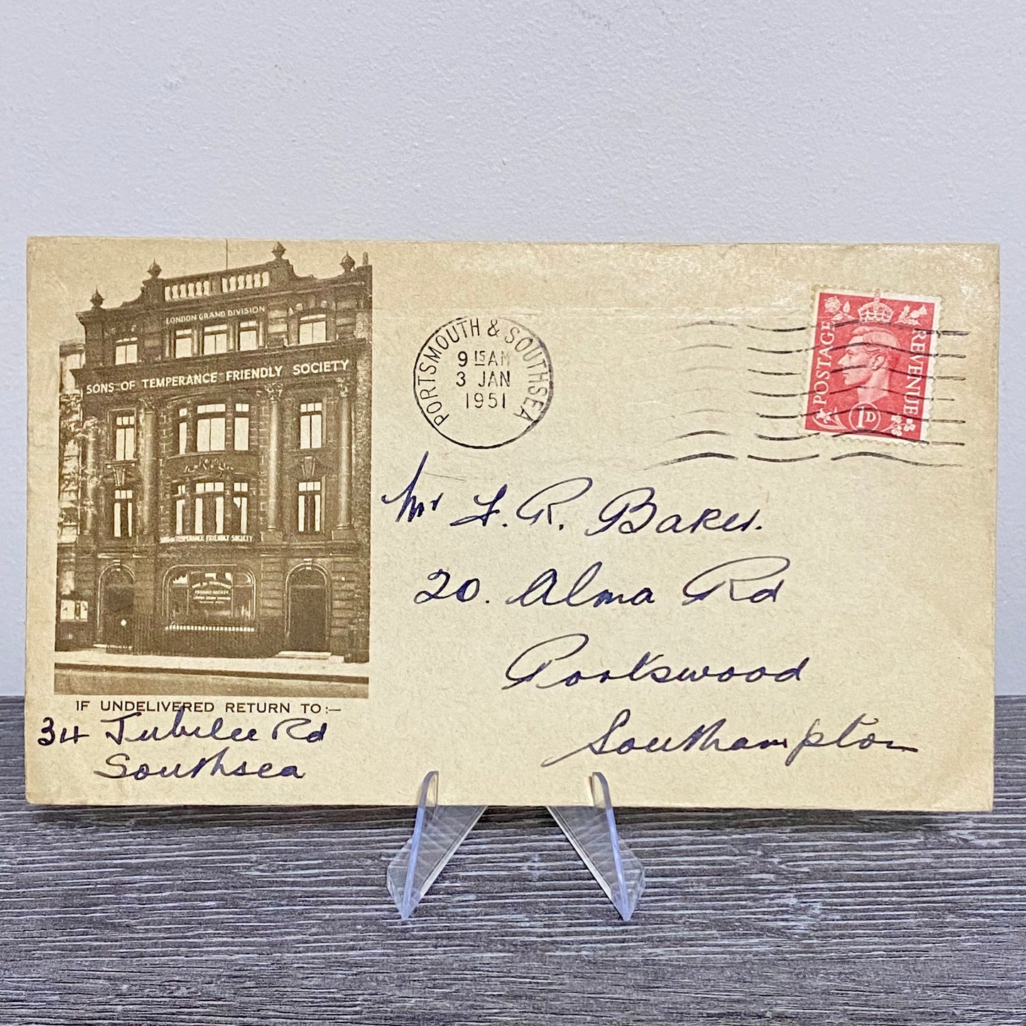 1951 GB King George VI 1d Stamped Cover Portsmouth Sons Of Temperance 3 Jan Rare