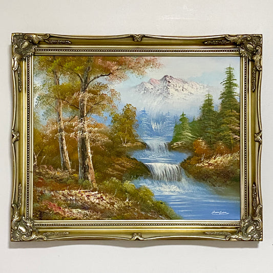 Vintage Scenic Mountain & Waterfall Scene Oil On Board Signed Hanson Gilt Framed