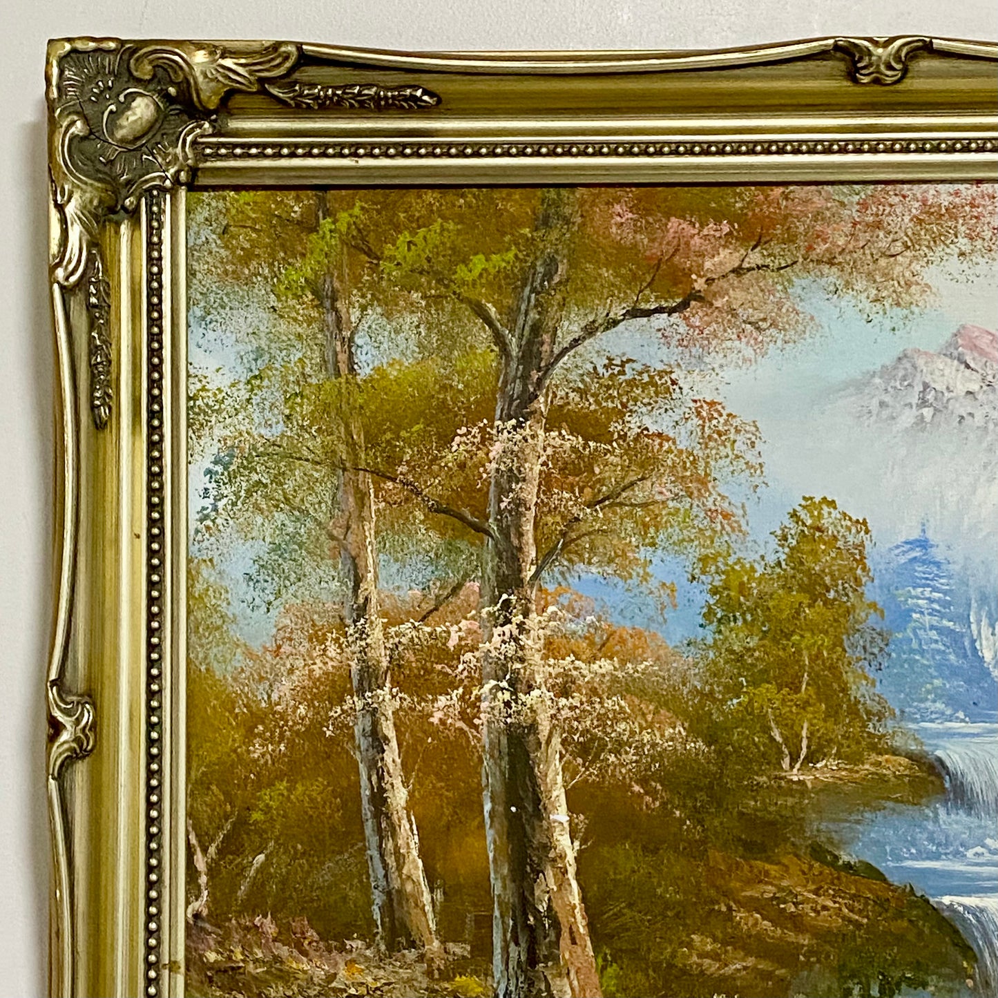 Vintage Scenic Mountain & Waterfall Scene Oil On Board Signed Hanson Gilt Framed