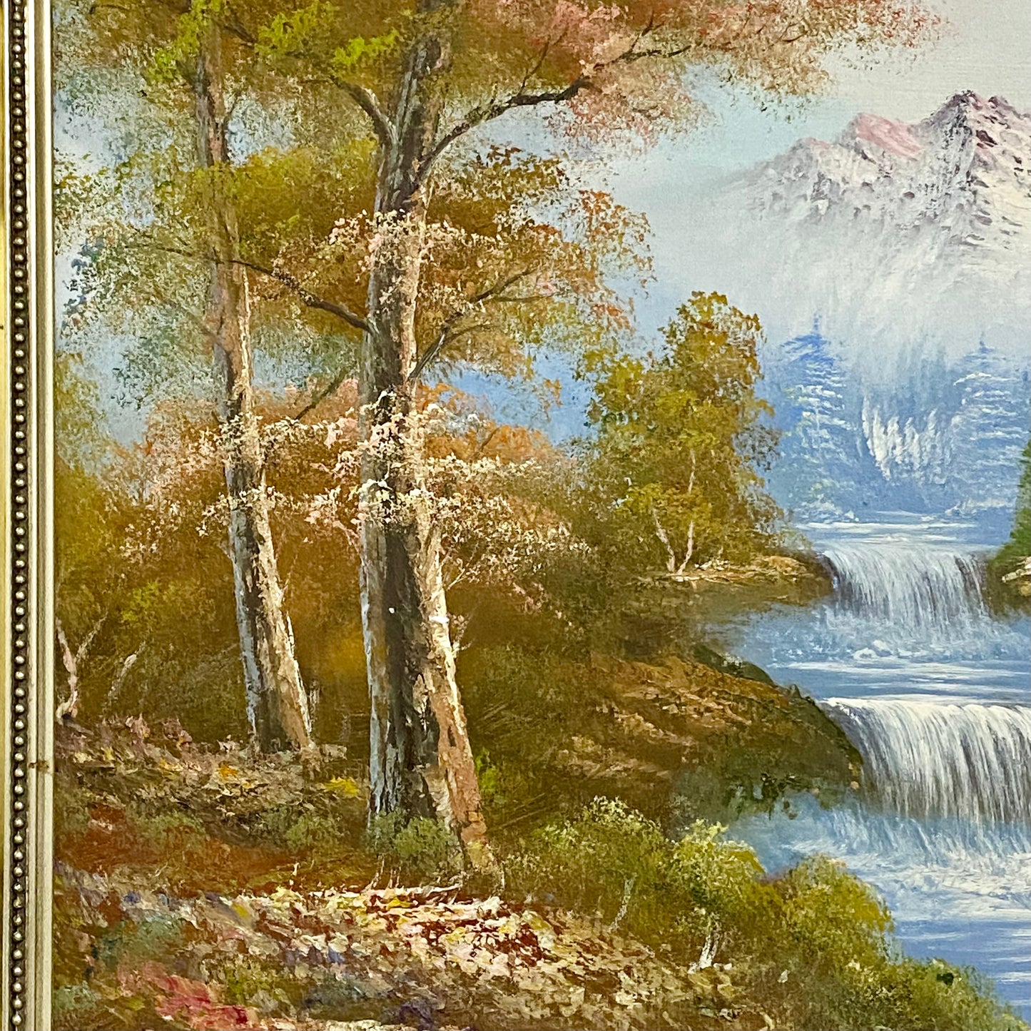 Vintage Scenic Mountain & Waterfall Scene Oil On Board Signed Hanson Gilt Framed