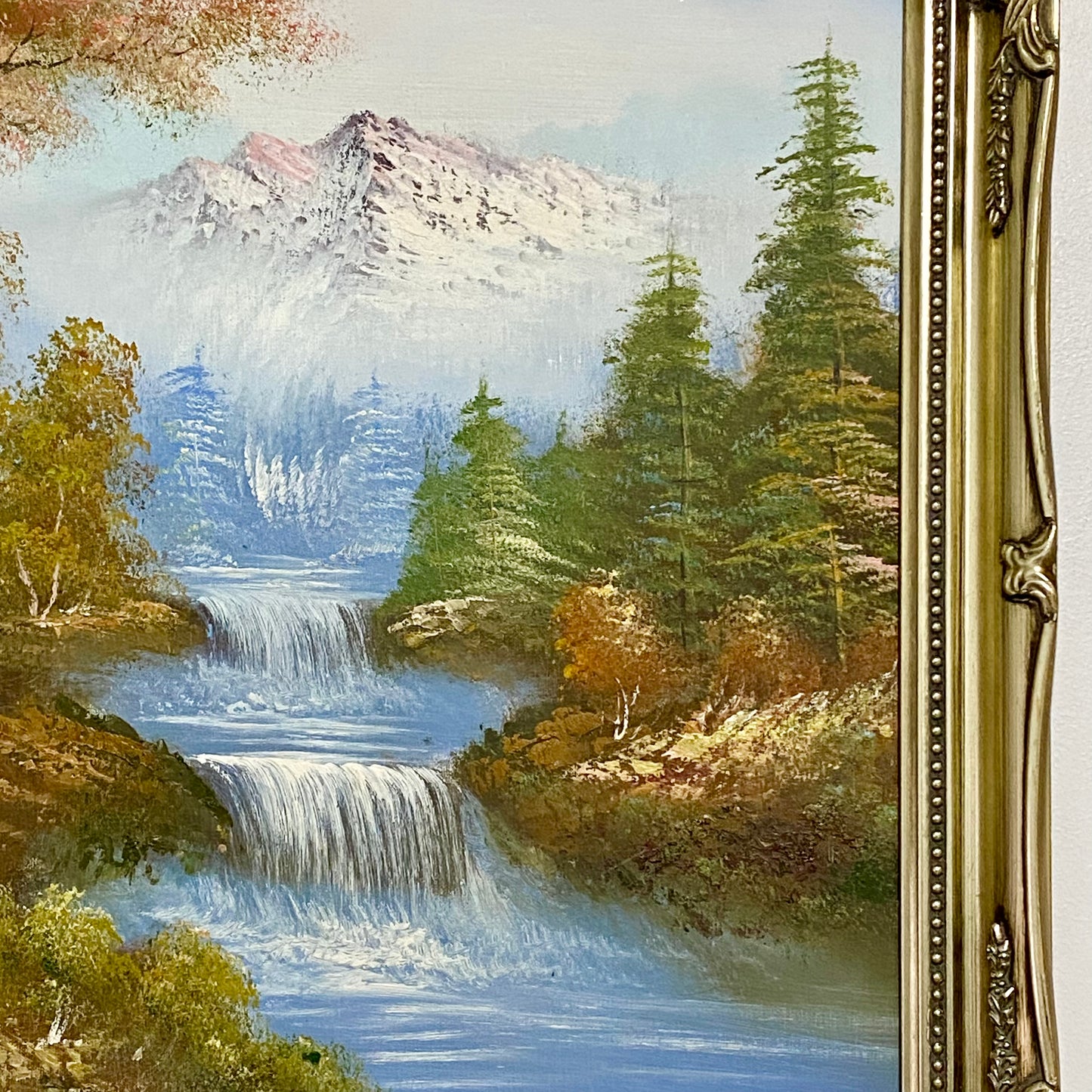 Vintage Scenic Mountain & Waterfall Scene Oil On Board Signed Hanson Gilt Framed