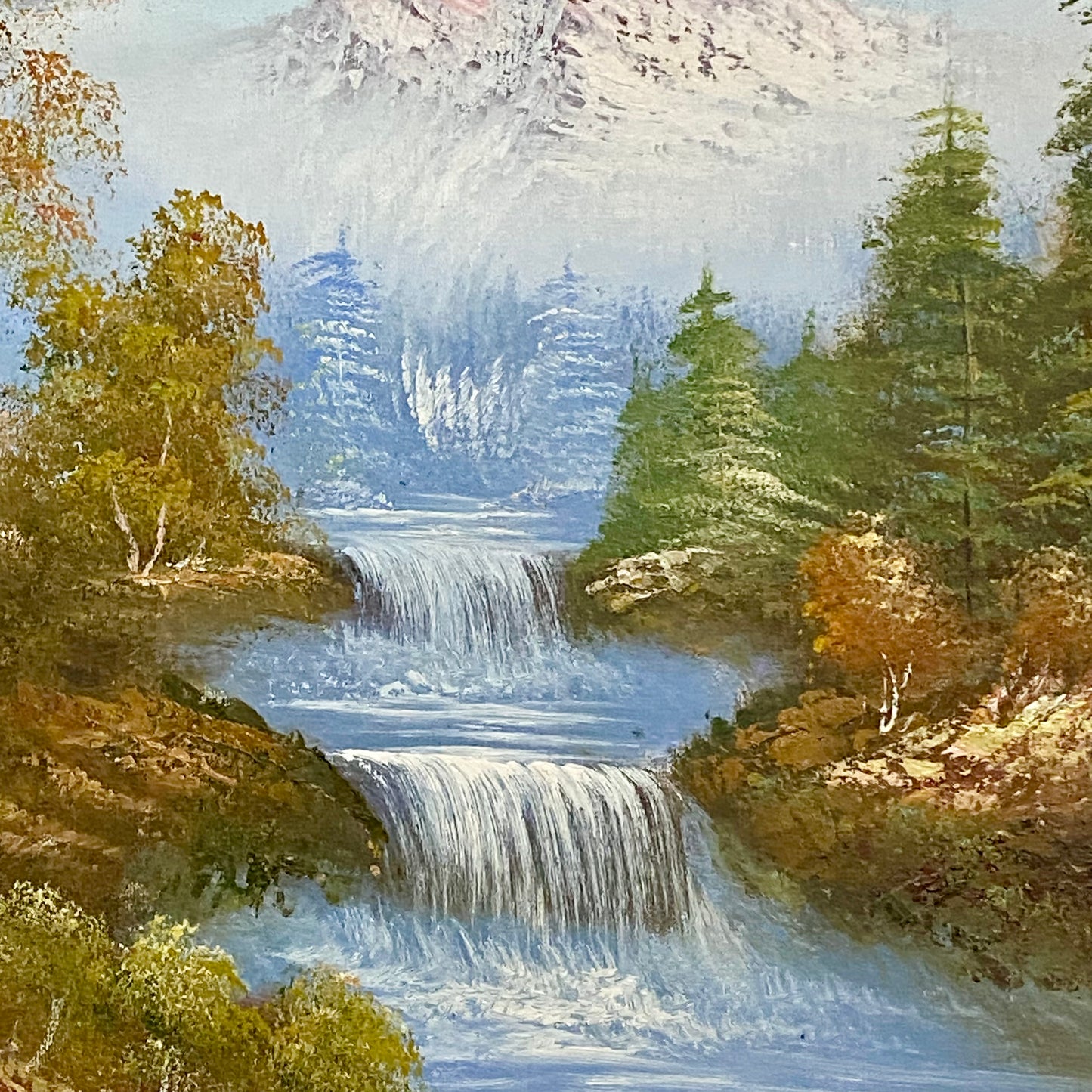 Vintage Scenic Mountain & Waterfall Scene Oil On Board Signed Hanson Gilt Framed
