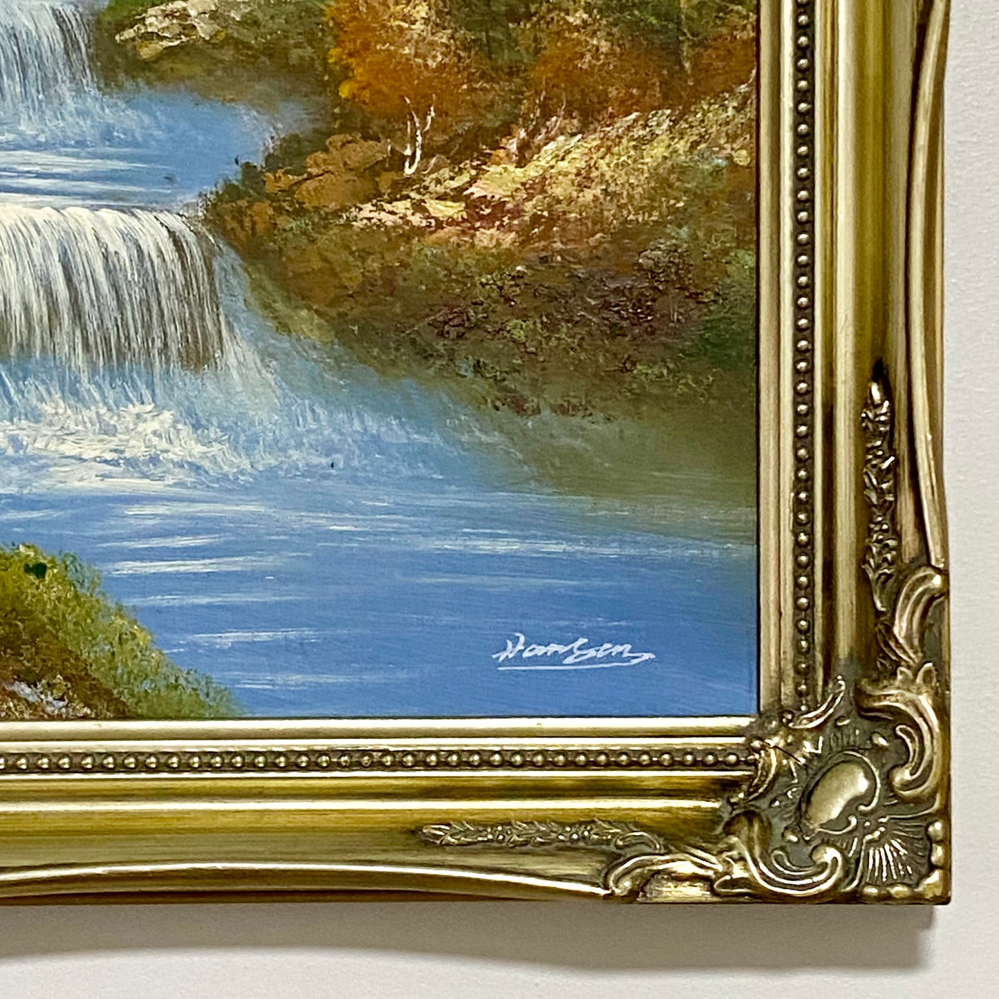 Vintage Scenic Mountain & Waterfall Scene Oil On Board Signed Hanson Gilt Framed