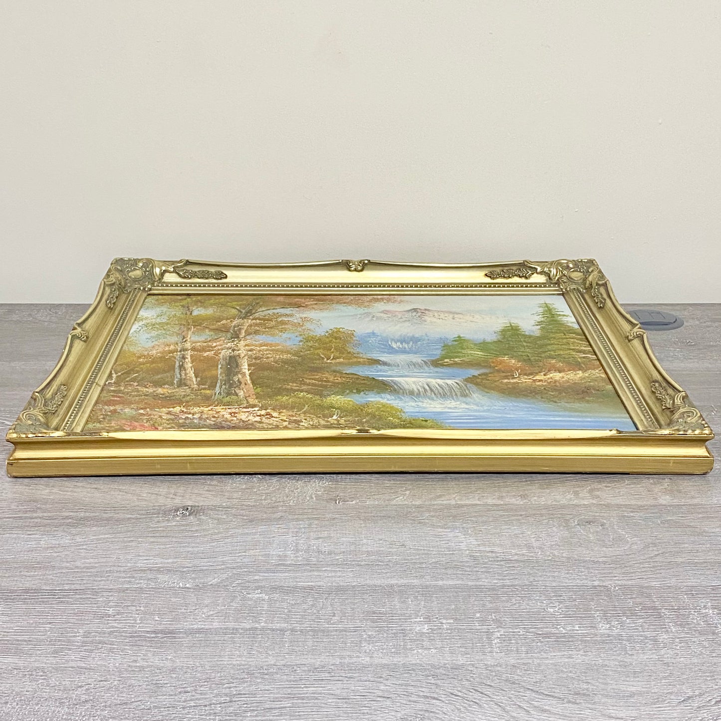 Vintage Scenic Mountain & Waterfall Scene Oil On Board Signed Hanson Gilt Framed