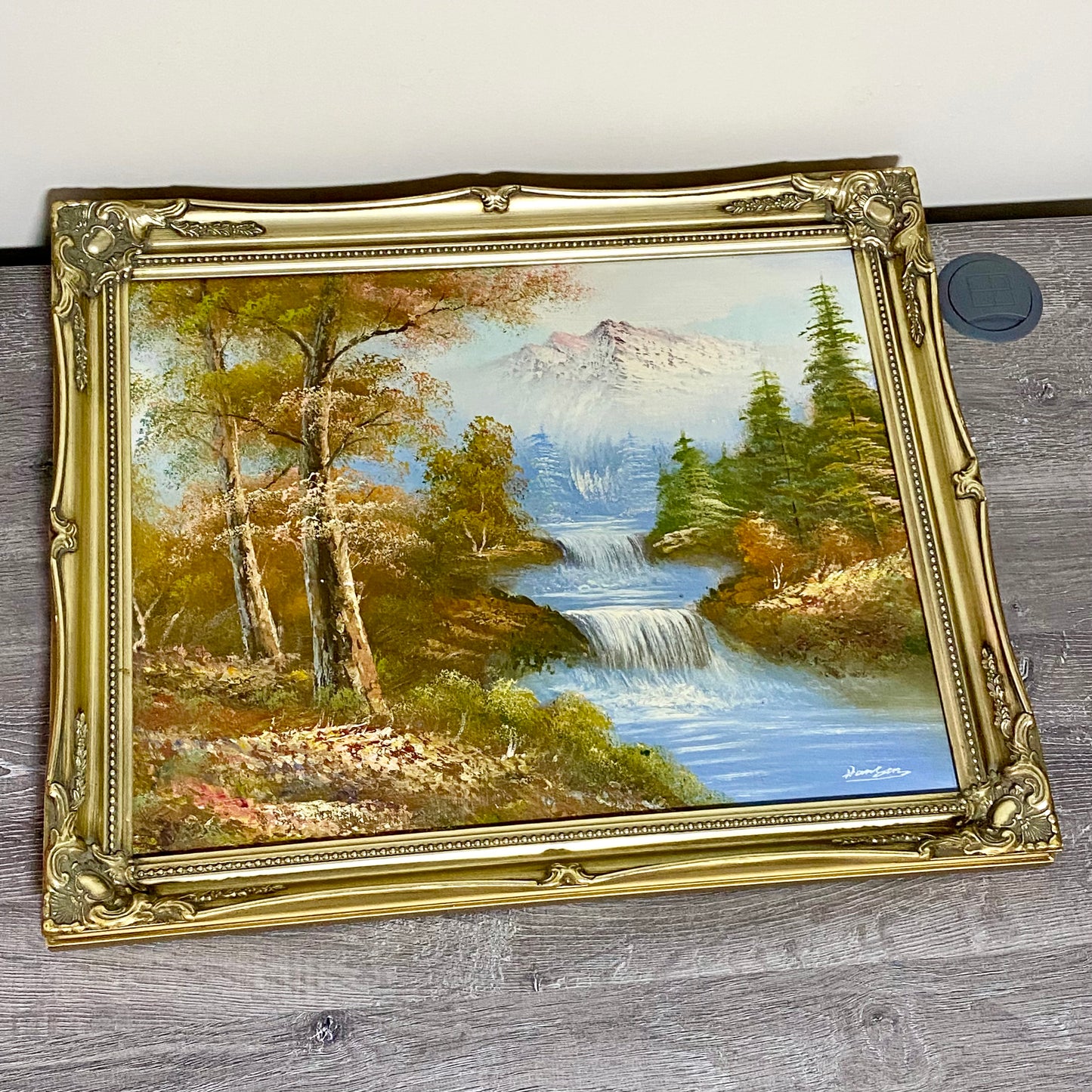Vintage Scenic Mountain & Waterfall Scene Oil On Board Signed Hanson Gilt Framed