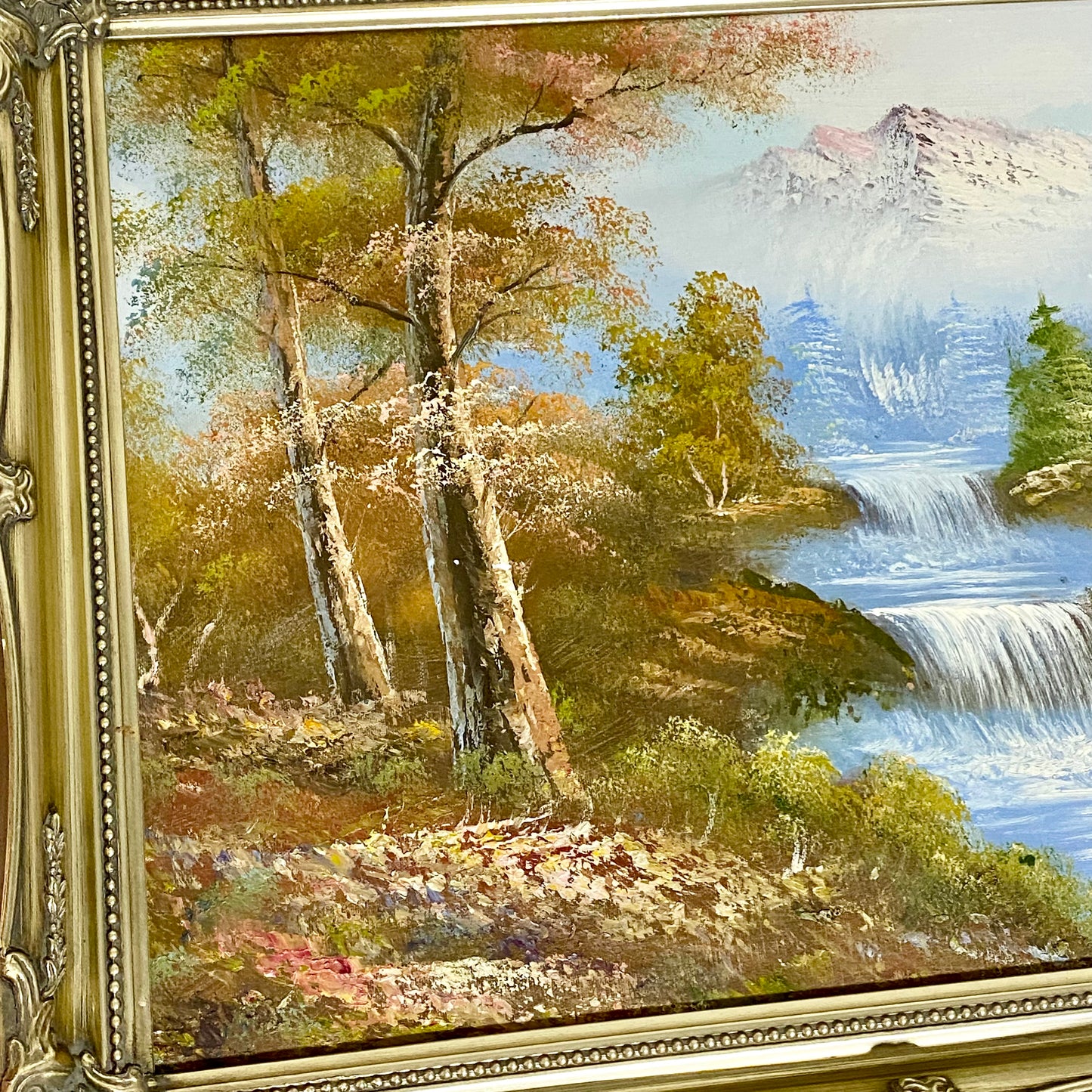 Vintage Scenic Mountain & Waterfall Scene Oil On Board Signed Hanson Gilt Framed