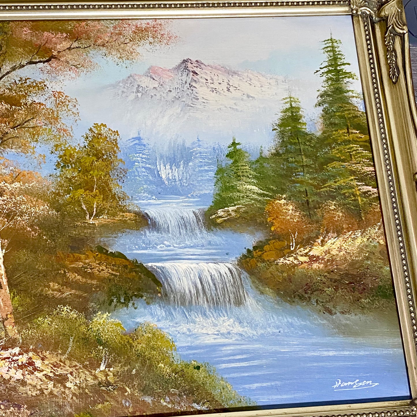 Vintage Scenic Mountain & Waterfall Scene Oil On Board Signed Hanson Gilt Framed