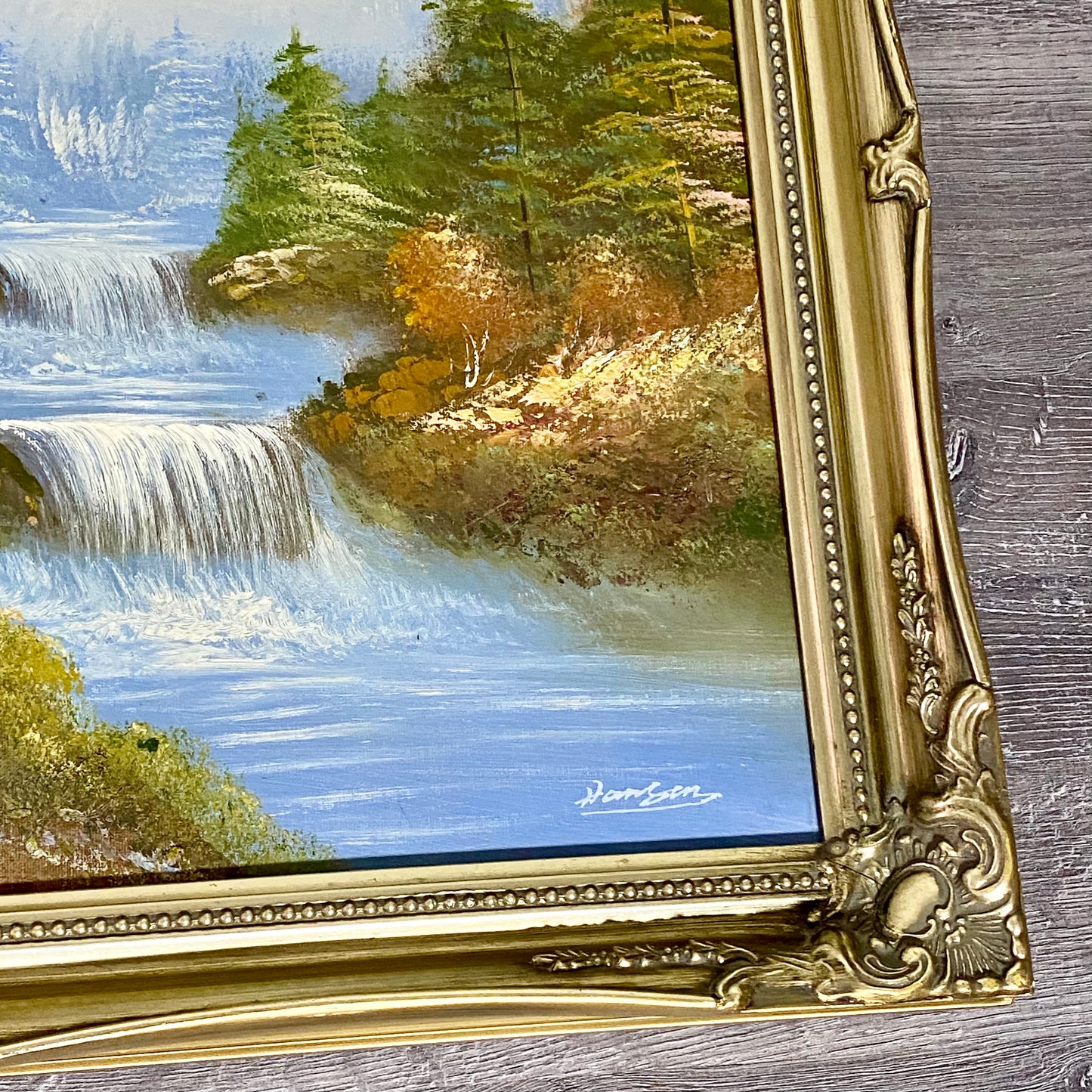 Vintage Scenic Mountain & Waterfall Scene Oil On Board Signed Hanson Gilt Framed