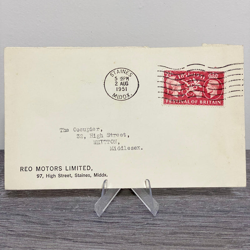 1951 GB King George VI 2 1/2D Stamped Cover Reo Motors Staines Middx 2 Aug Rare