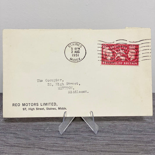 1951 GB King George VI 2 1/2D Stamped Cover Reo Motors Staines Middx 2 Aug Rare