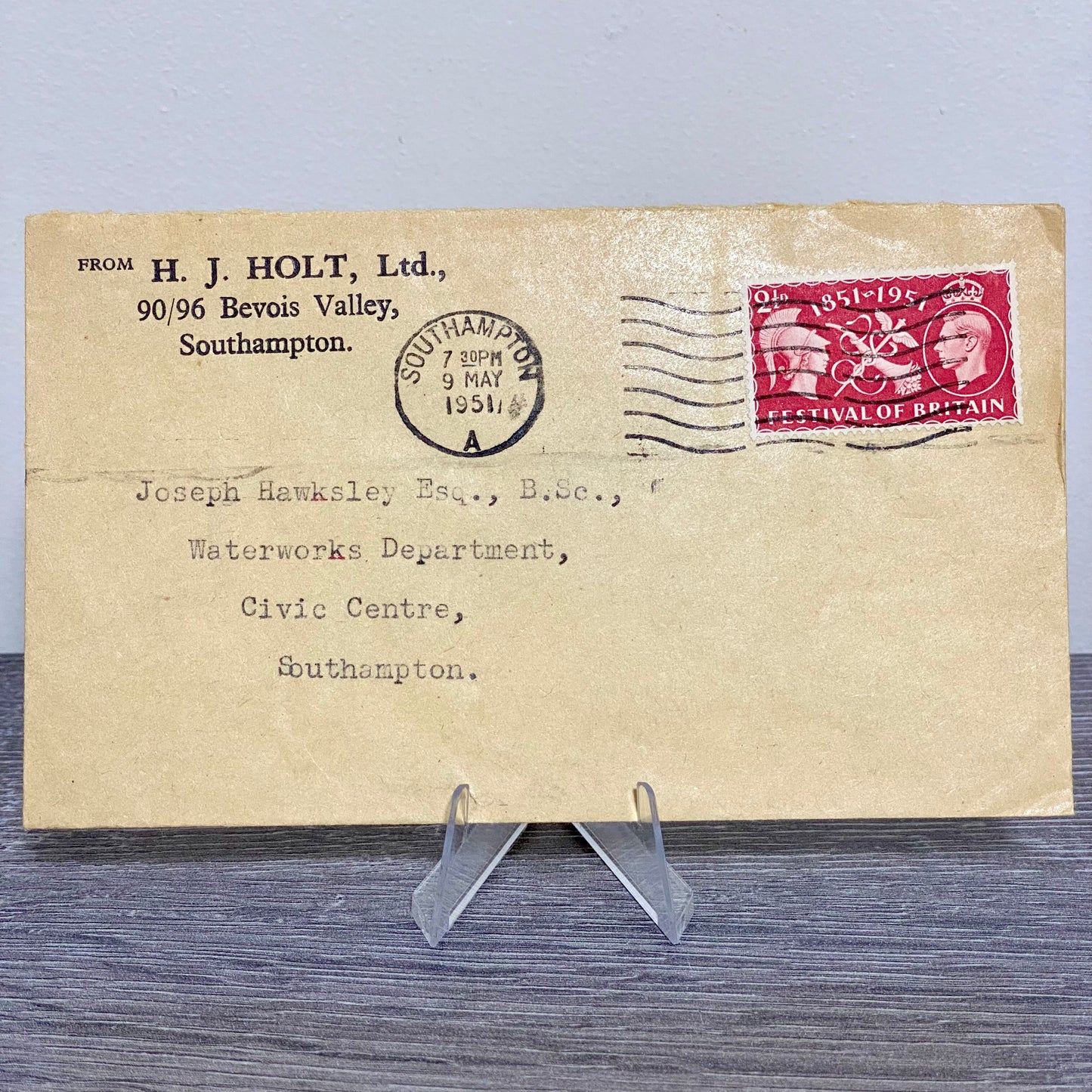 1951 GB King George VI 2 1/2D Stamped Cover H J Holt Ltd Southampton 9 May Rare