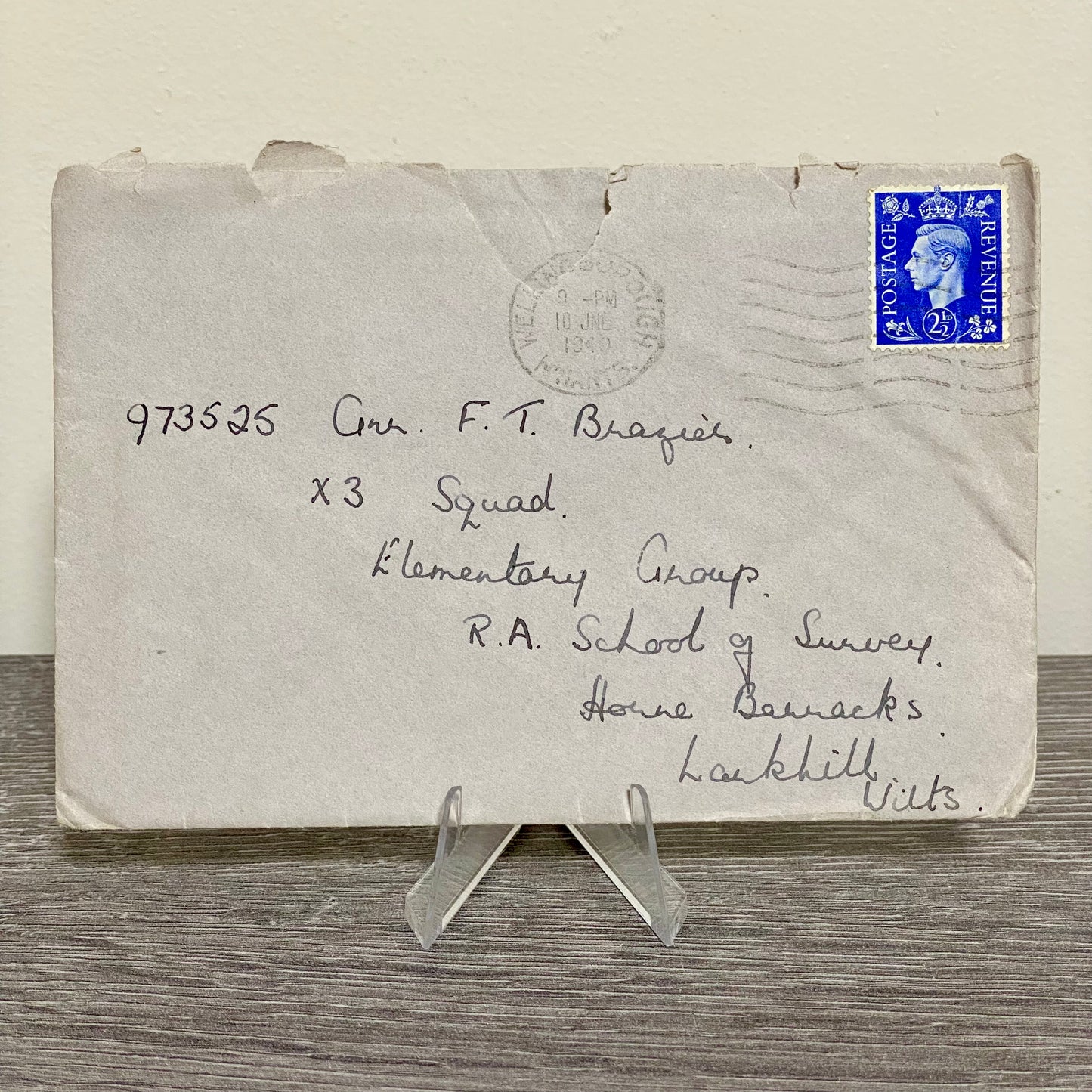 1940 GB King George VI 2 1/2d Blue Stamp Cover Wellingborough Barracks 10 June