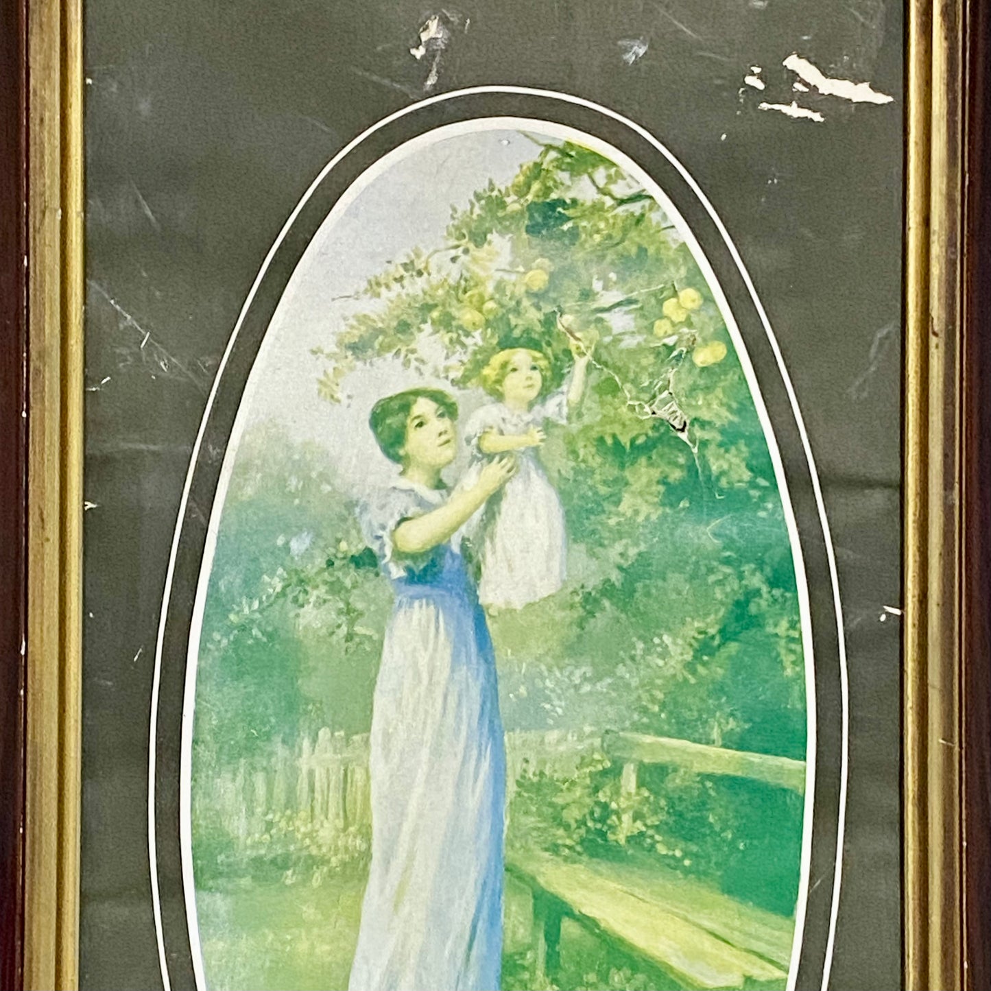 Vintage In The Orchard Victorian Mother & Child In Garden Scene Art Print Framed