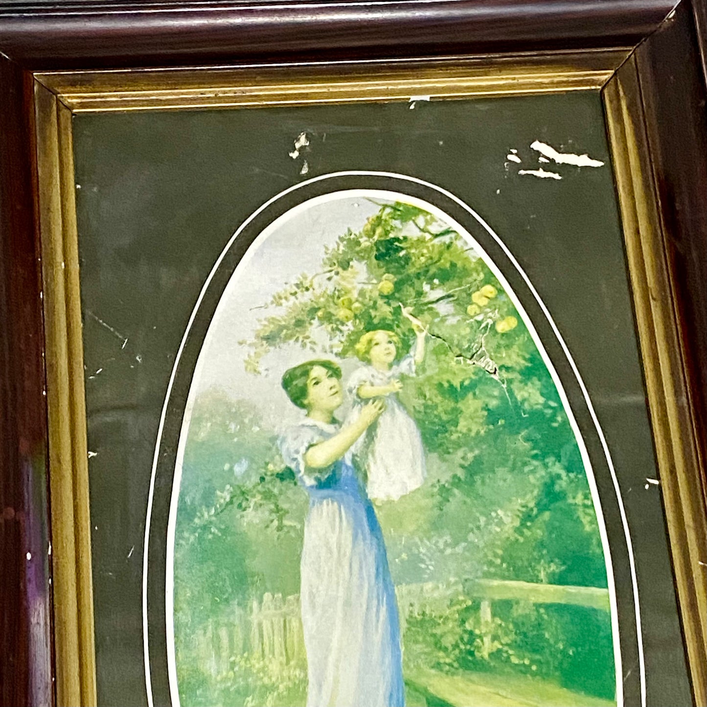 Vintage In The Orchard Victorian Mother & Child In Garden Scene Art Print Framed