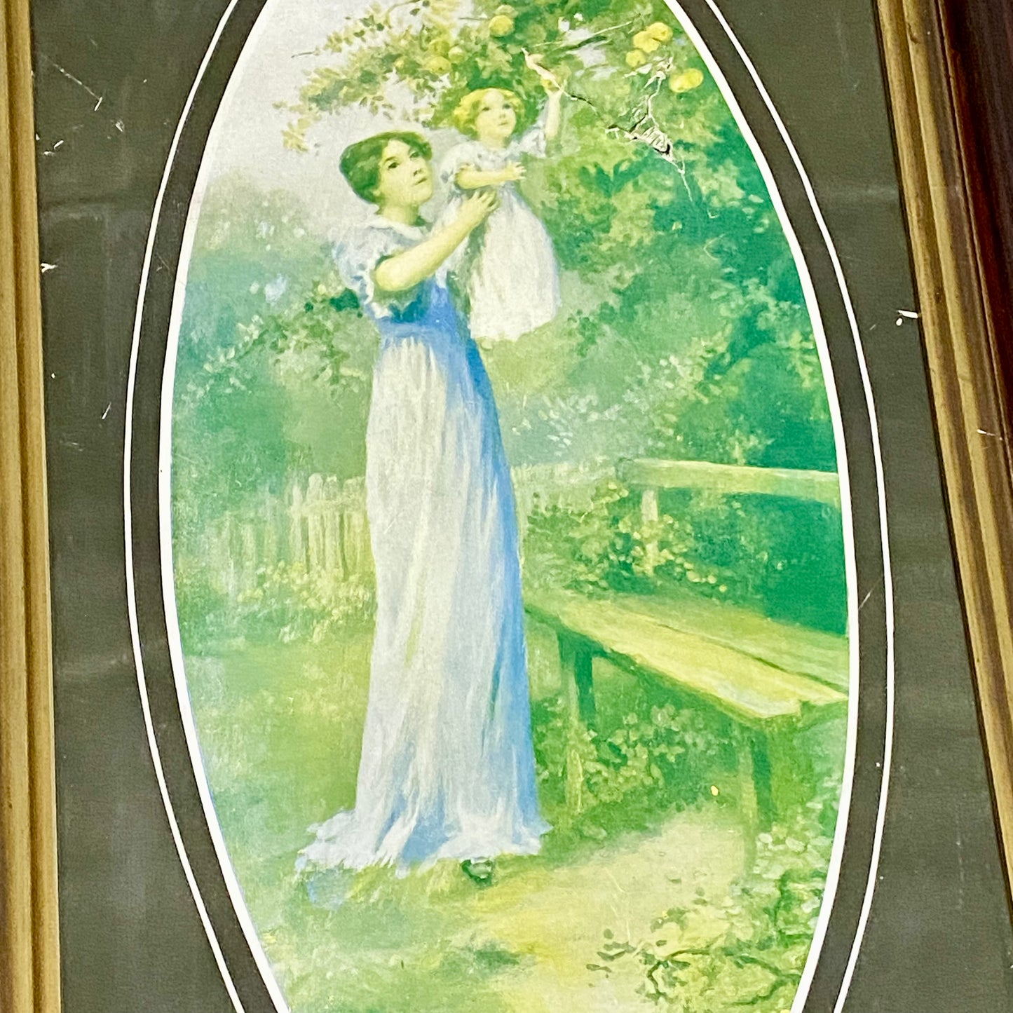 Vintage In The Orchard Victorian Mother & Child In Garden Scene Art Print Framed