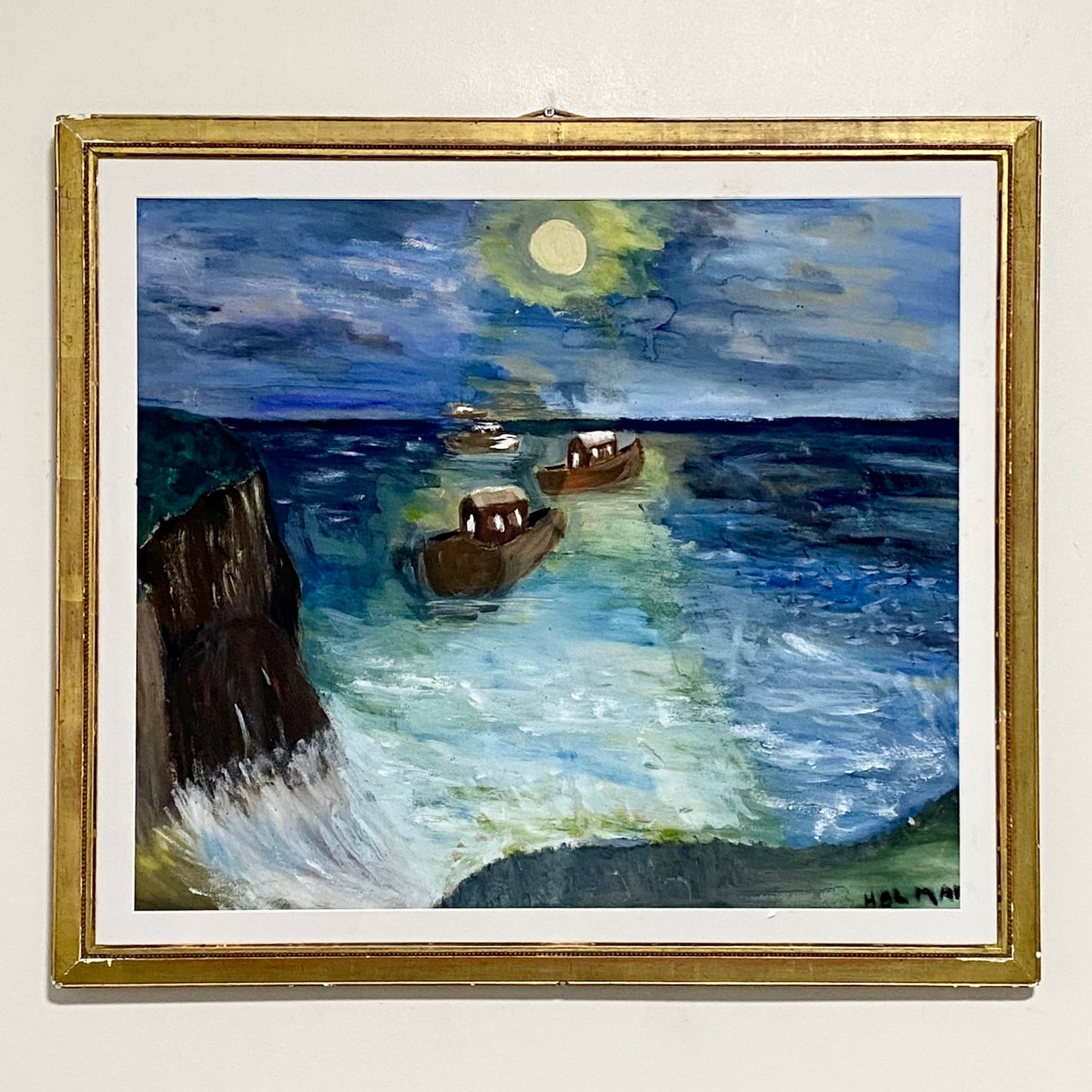 Vintage Moonlit Seascape With Boats Oil On Canvas Painting Signed Holman Framed