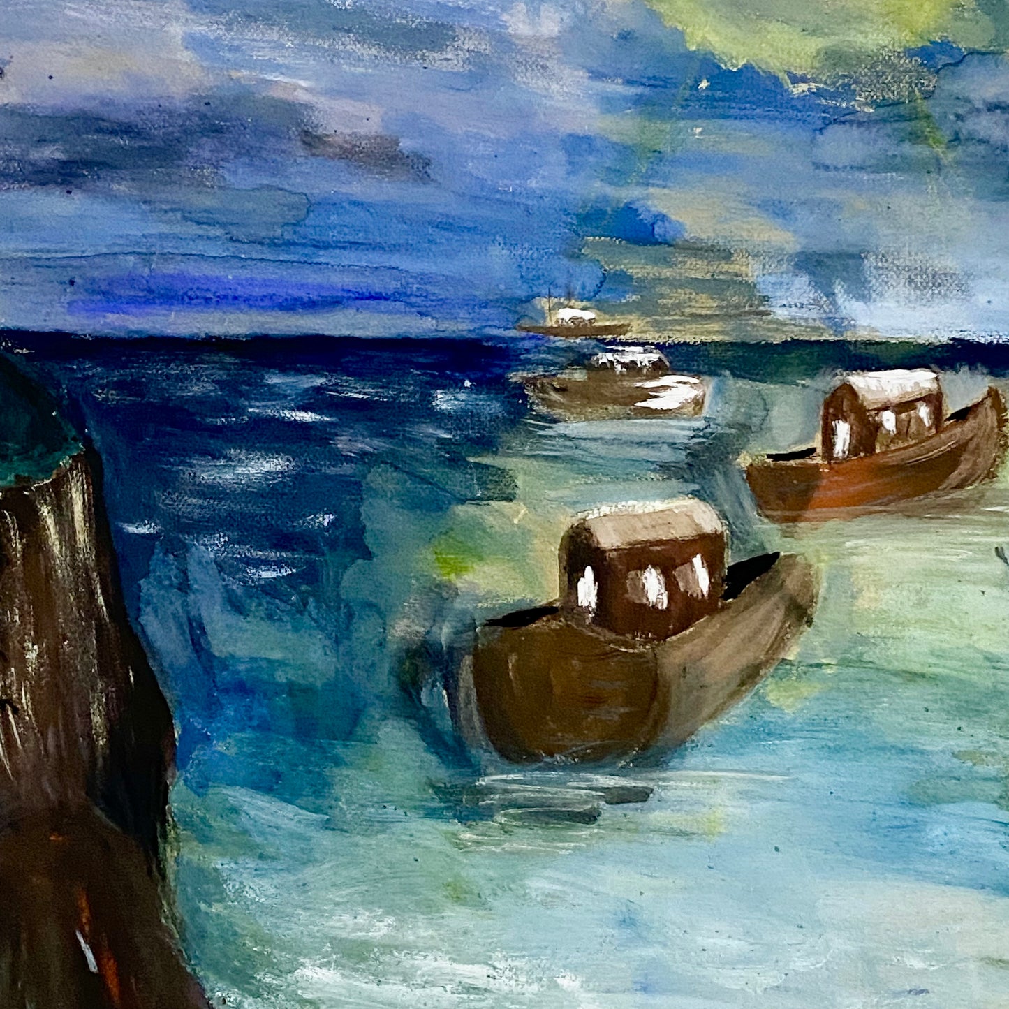 Vintage Moonlit Seascape With Boats Oil On Canvas Painting Signed Holman Framed