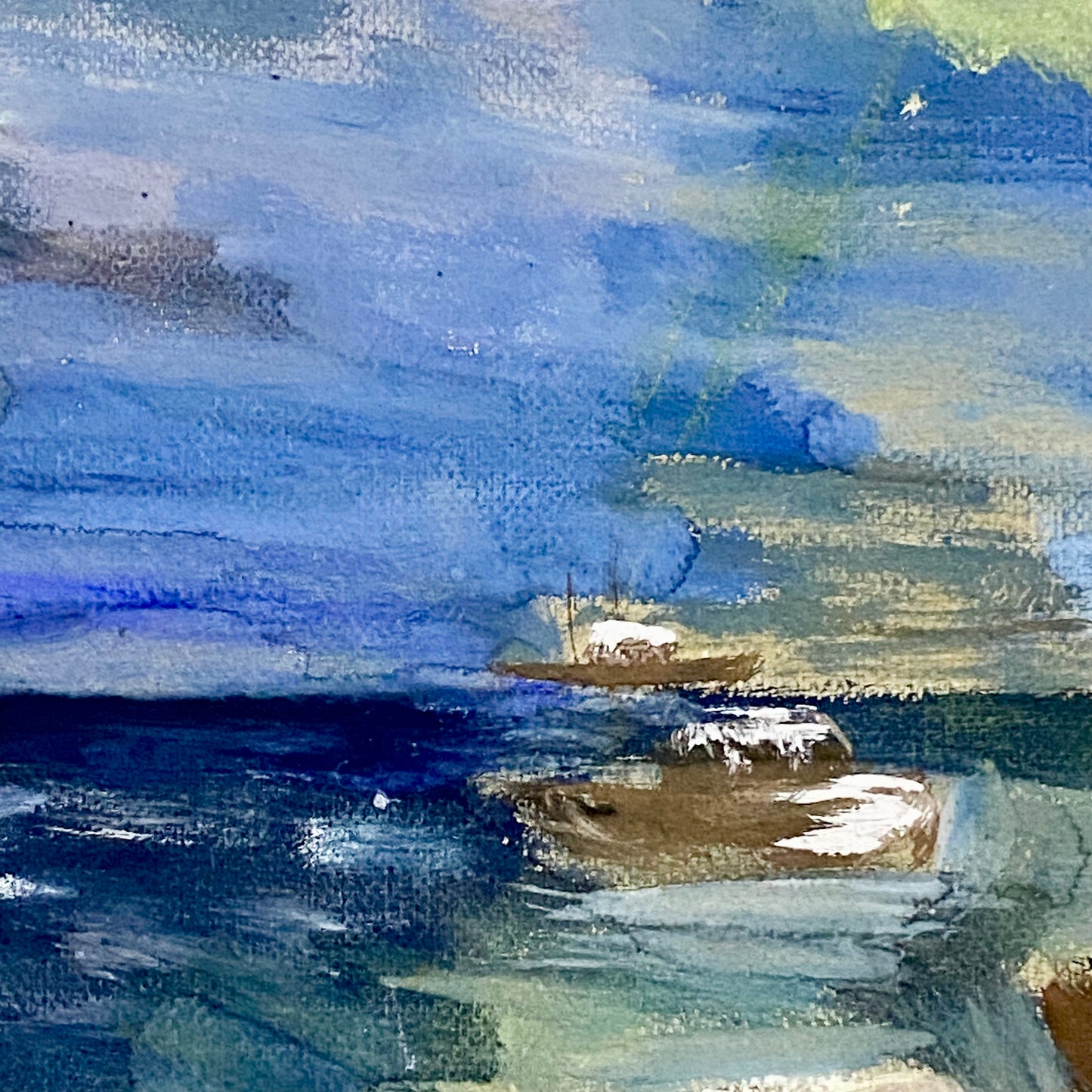 Vintage Moonlit Seascape With Boats Oil On Canvas Painting Signed Holman Framed