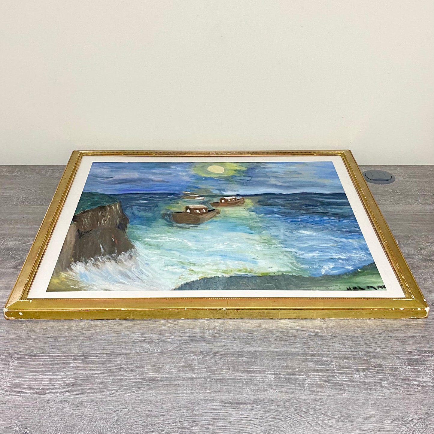 Vintage Moonlit Seascape With Boats Oil On Canvas Painting Signed Holman Framed