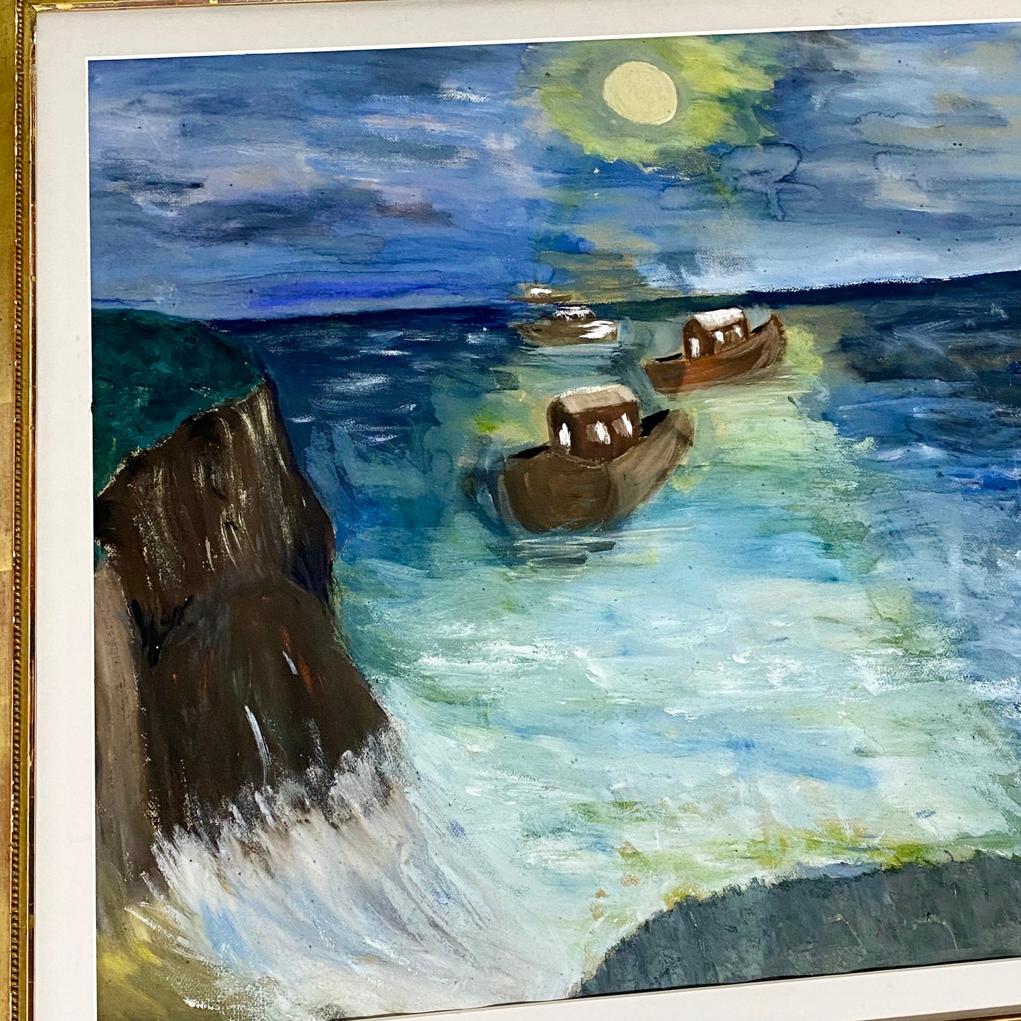 Vintage Moonlit Seascape With Boats Oil On Canvas Painting Signed Holman Framed