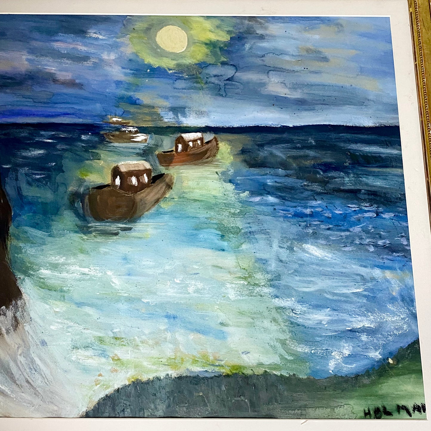 Vintage Moonlit Seascape With Boats Oil On Canvas Painting Signed Holman Framed