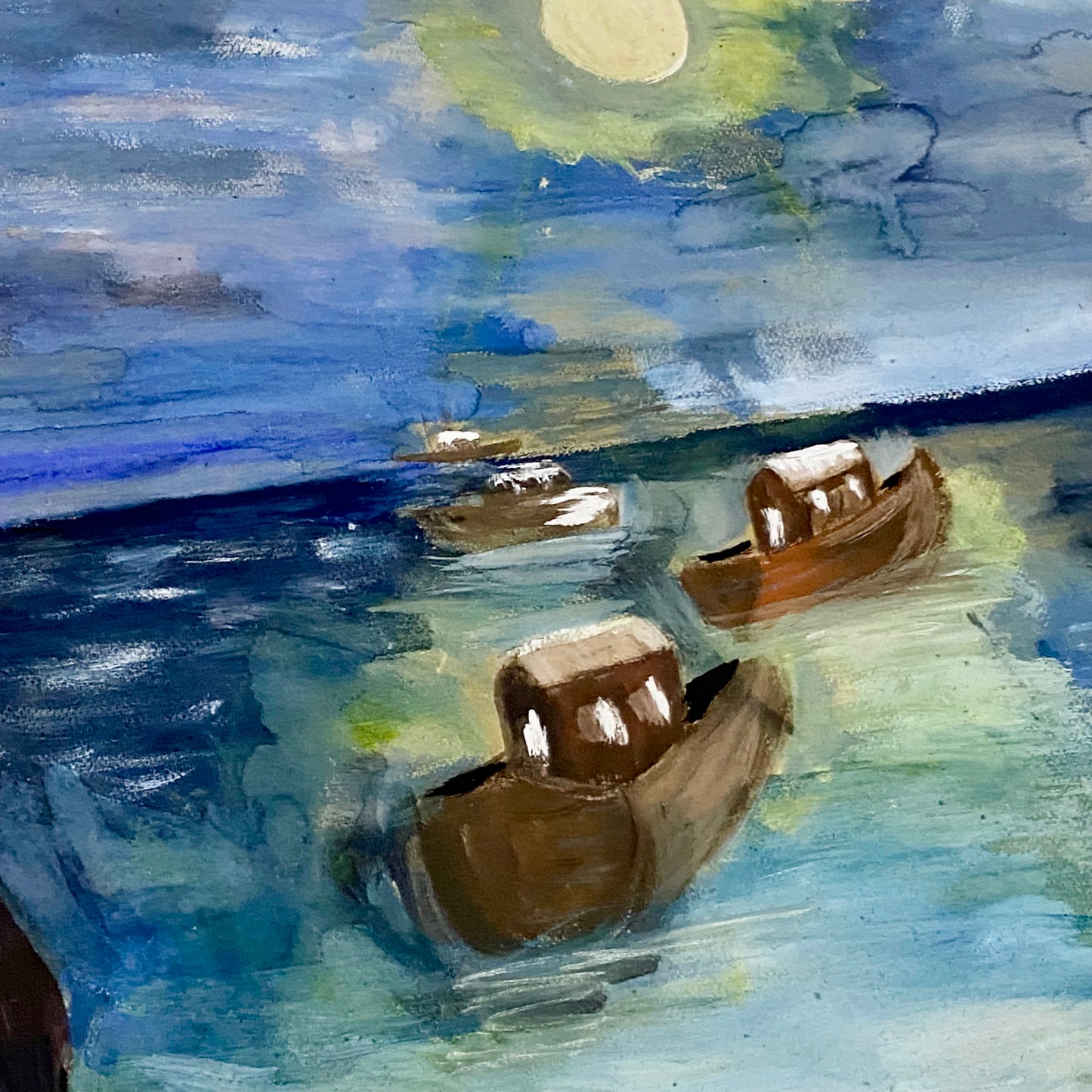 Vintage Moonlit Seascape With Boats Oil On Canvas Painting Signed Holman Framed